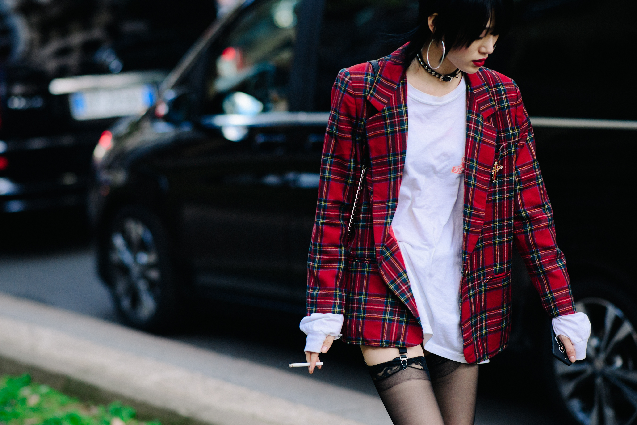 Korean model wearing red and black tartan shirt