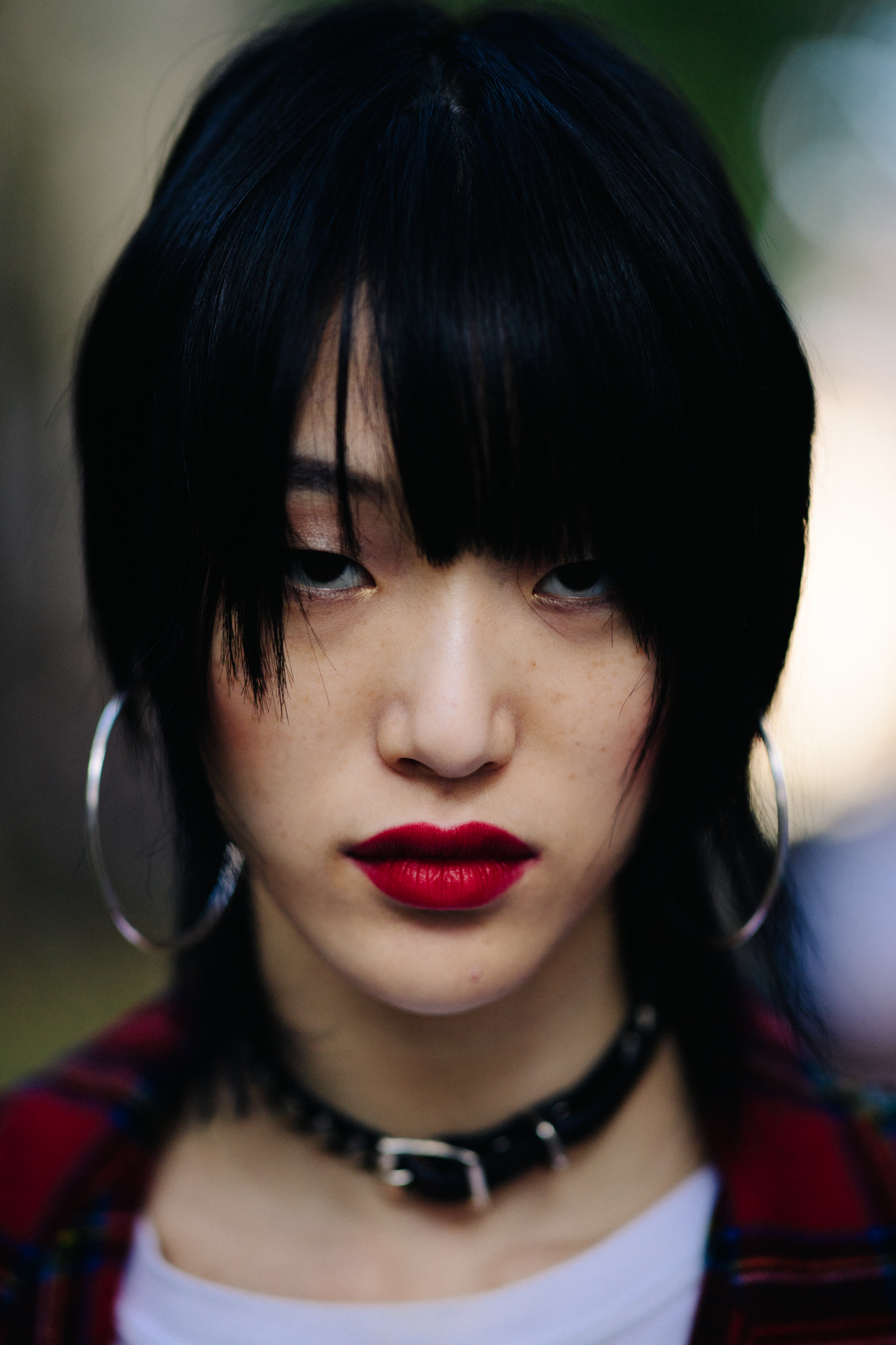 Portrait of a model with red lips after the show