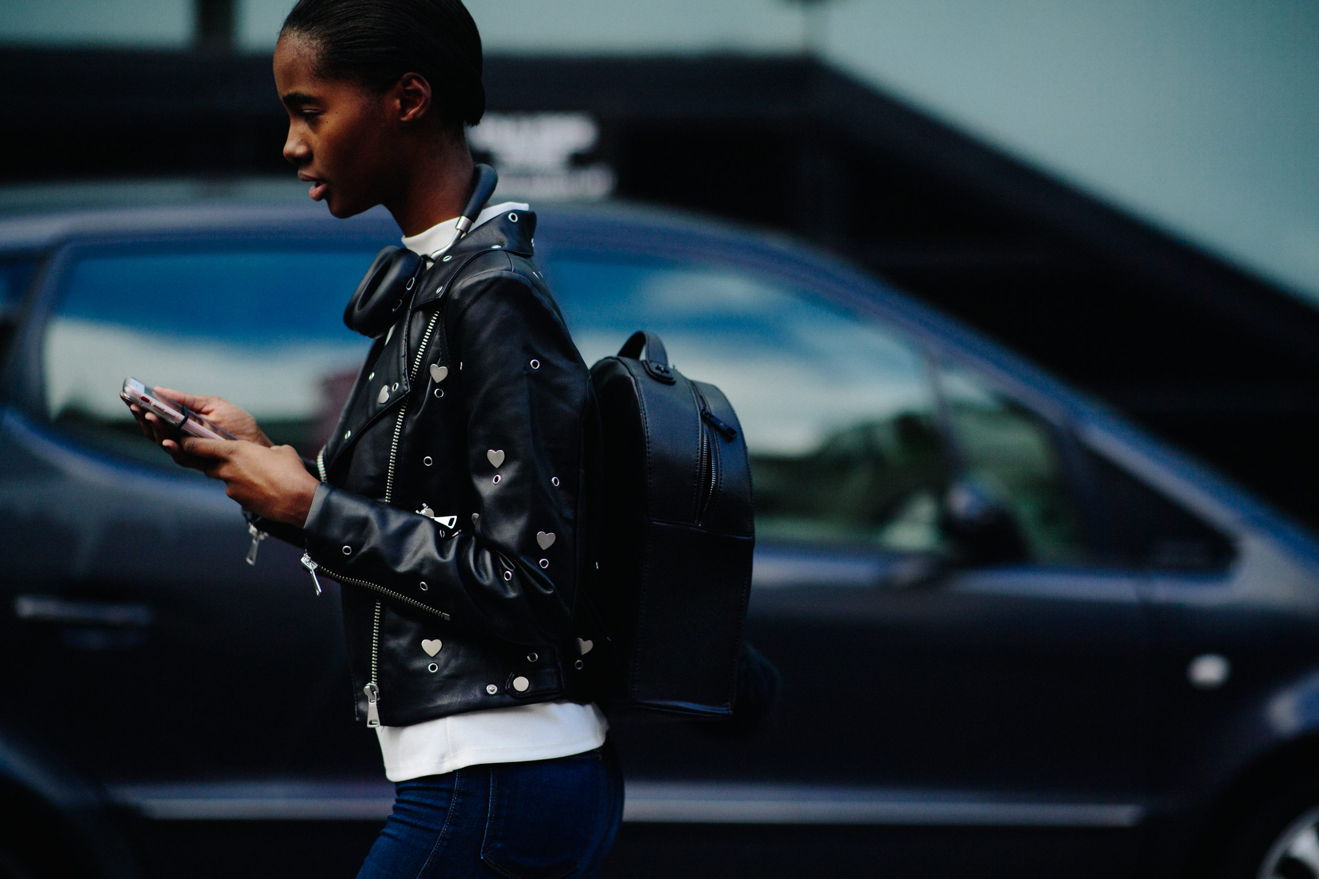 Model wearing black leather jacket