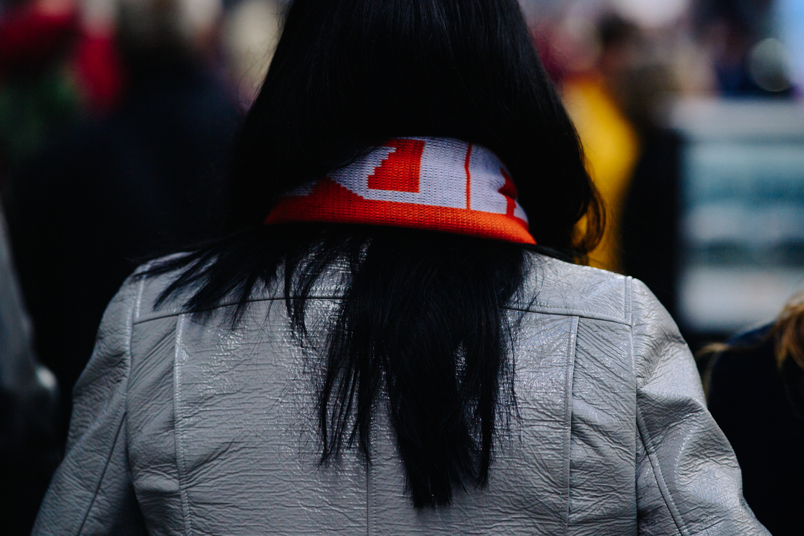 Woman wearing red scarf