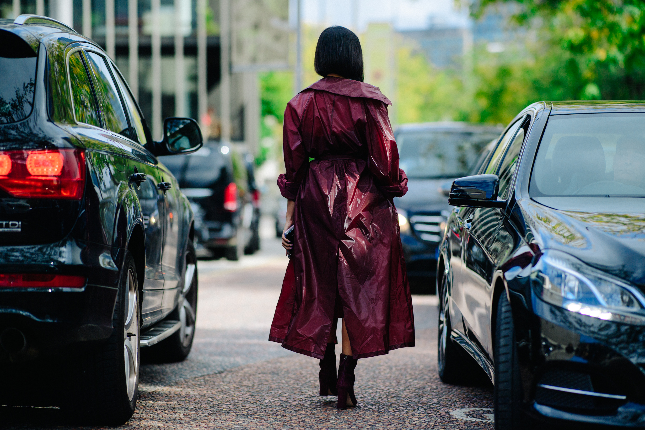 Buyer wearing dark red coat