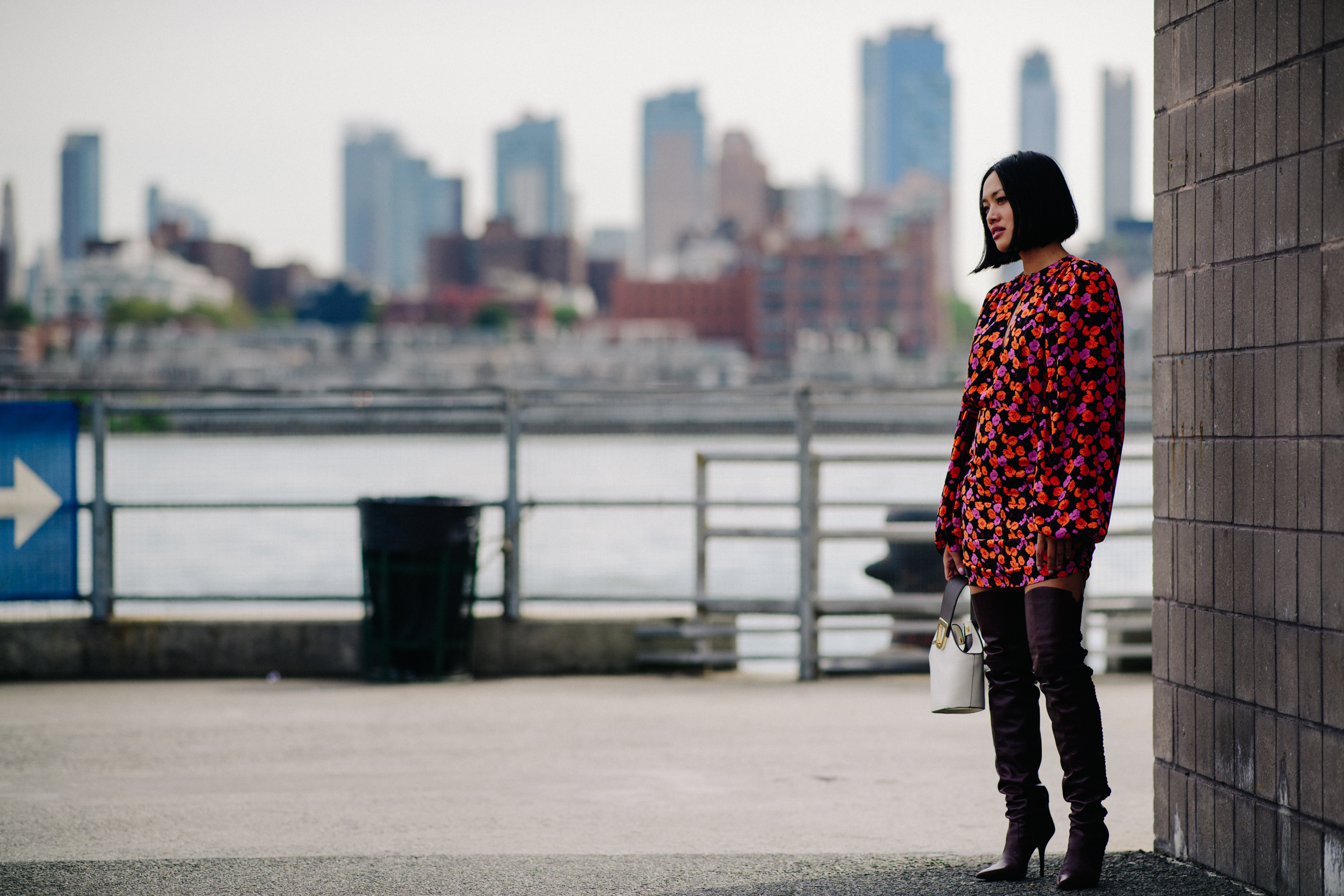 Woman wearing red floral dress