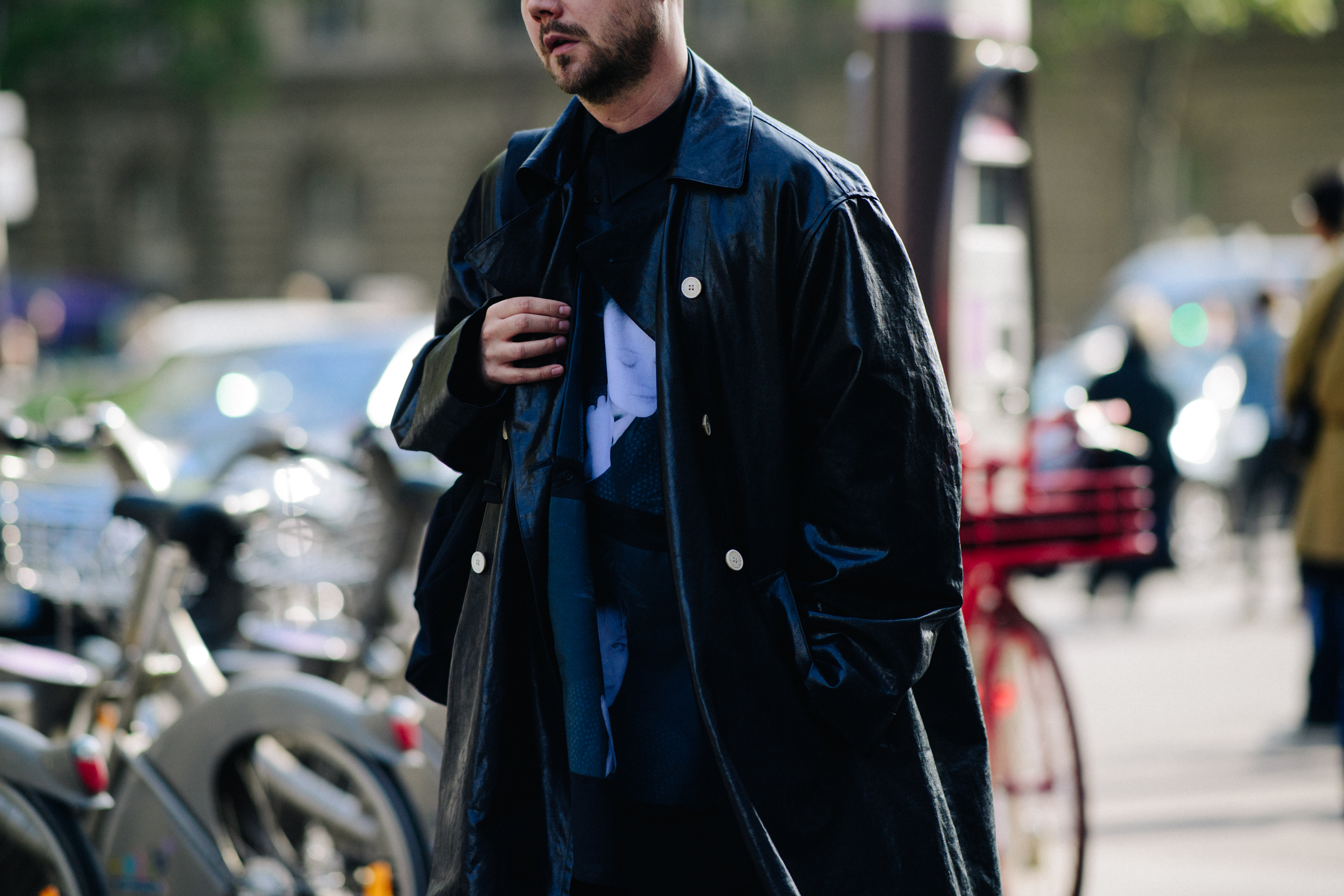 Man wearing black leather coat