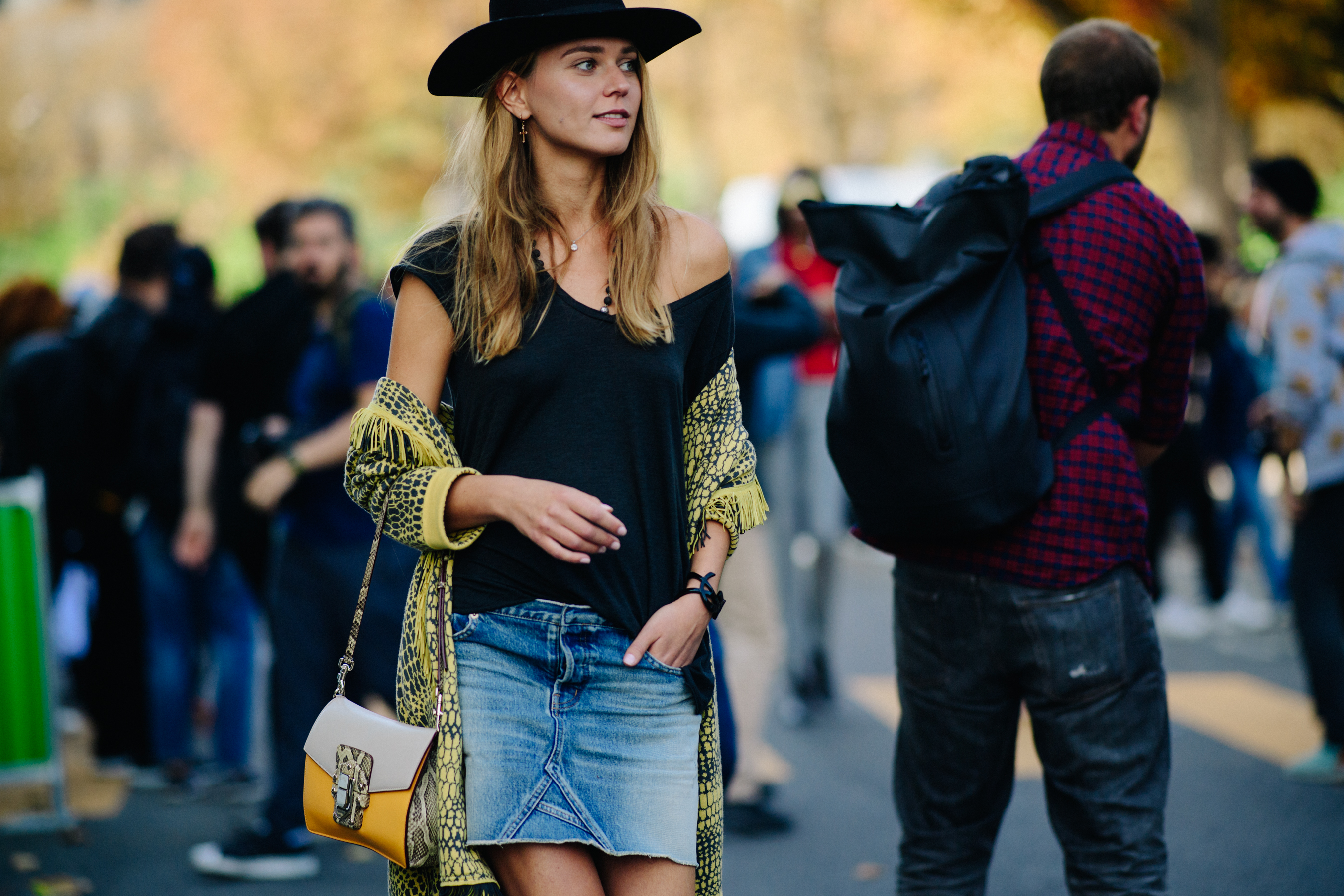 Woman wearing denim mini skirt