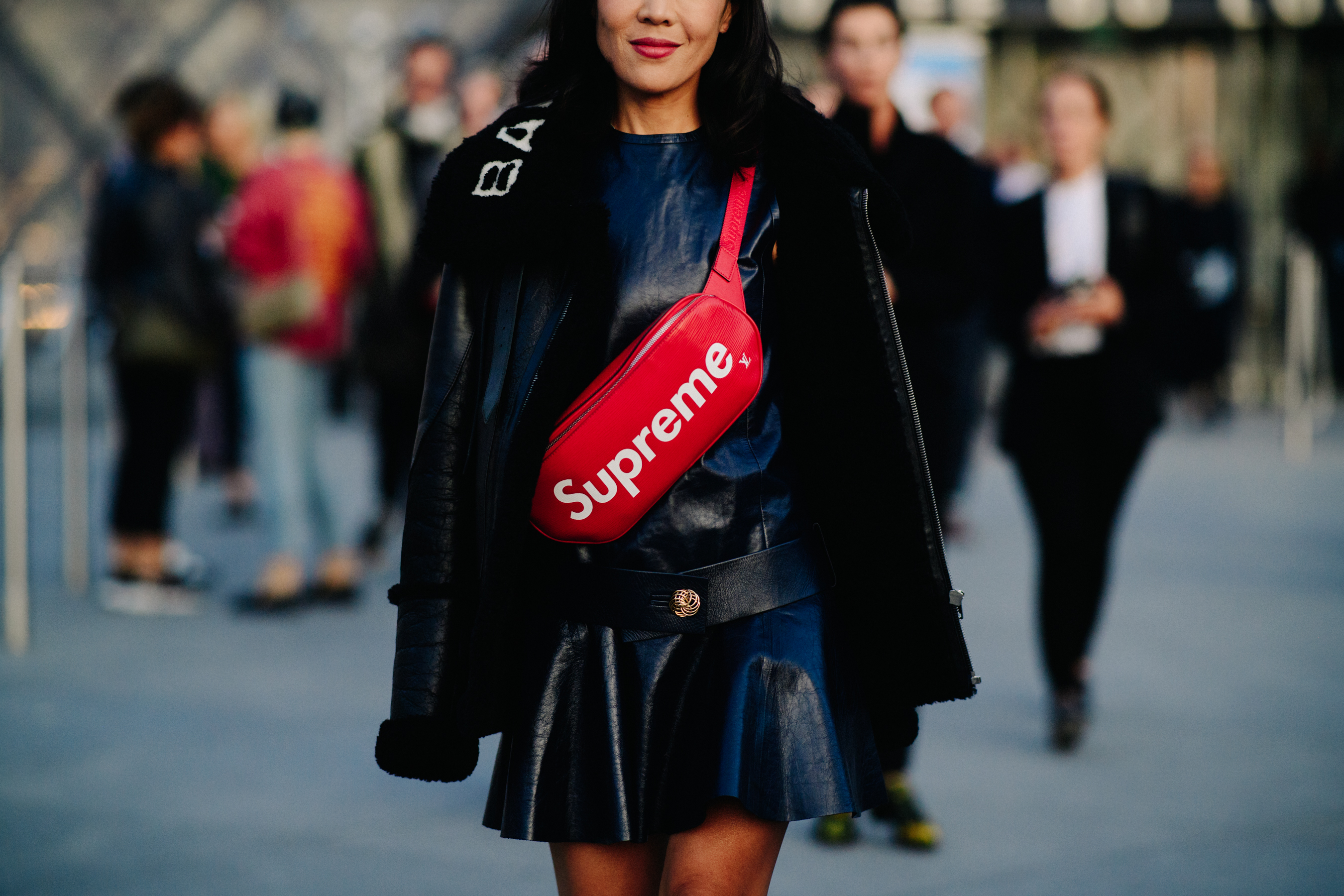 Woman wearing Louis Vuitton x Supreme bag