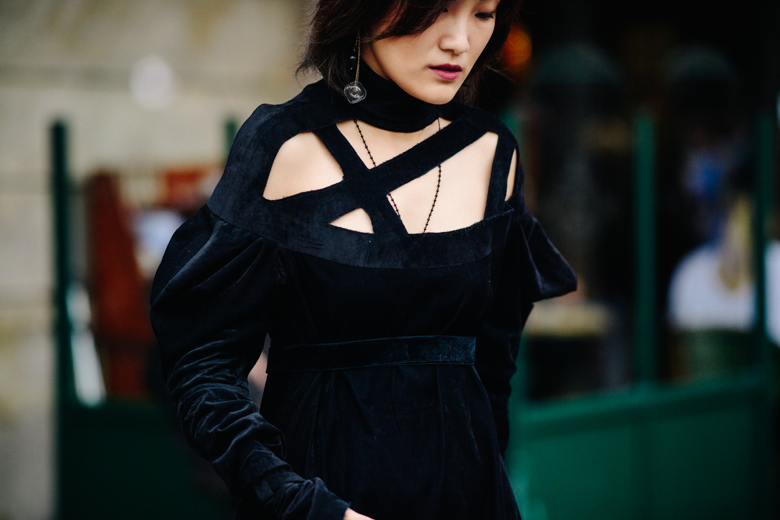 Woman wearing black dress