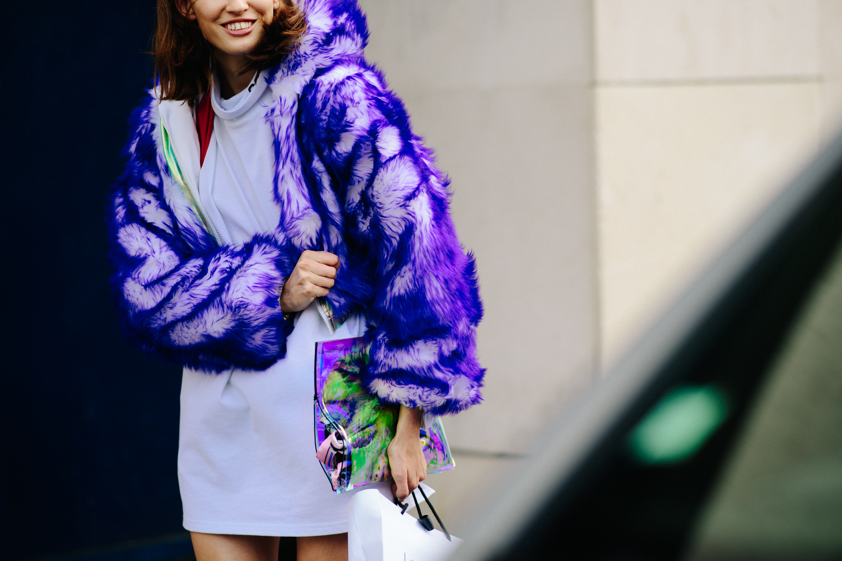 Russian model wearing purple fur coat