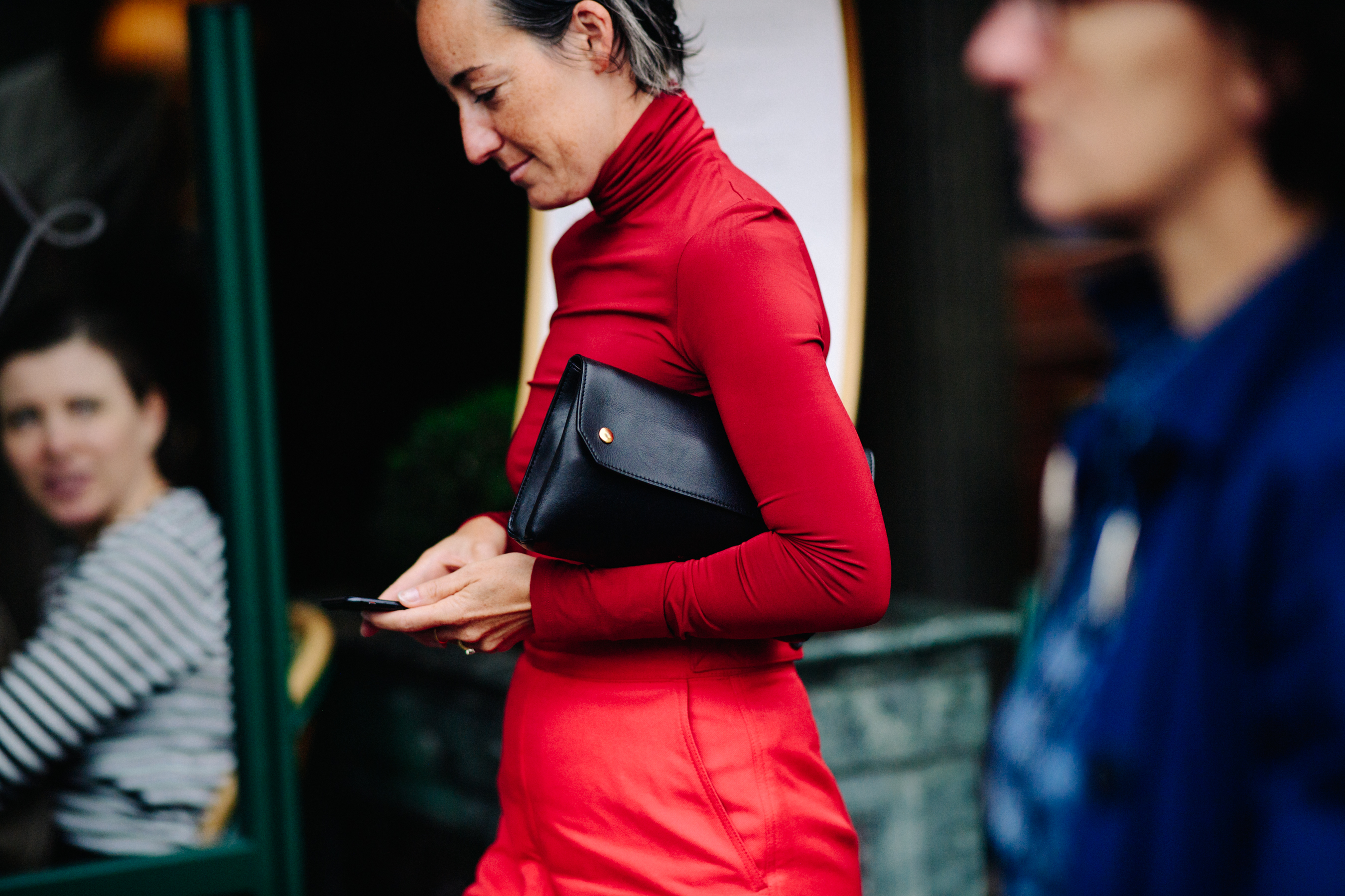 Buyer wearing red outfit
