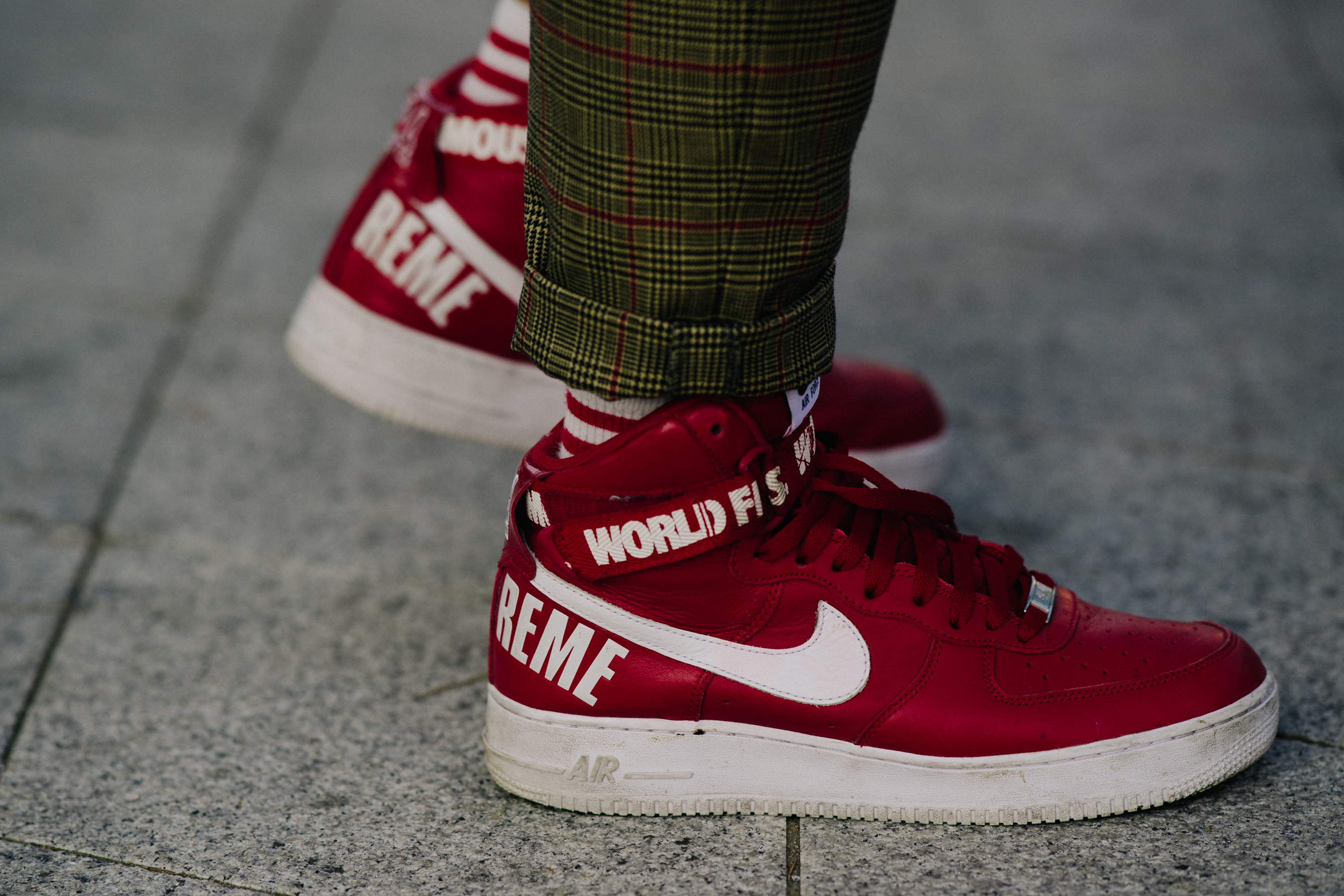 Closeup of Supreme x Nike collab shoes