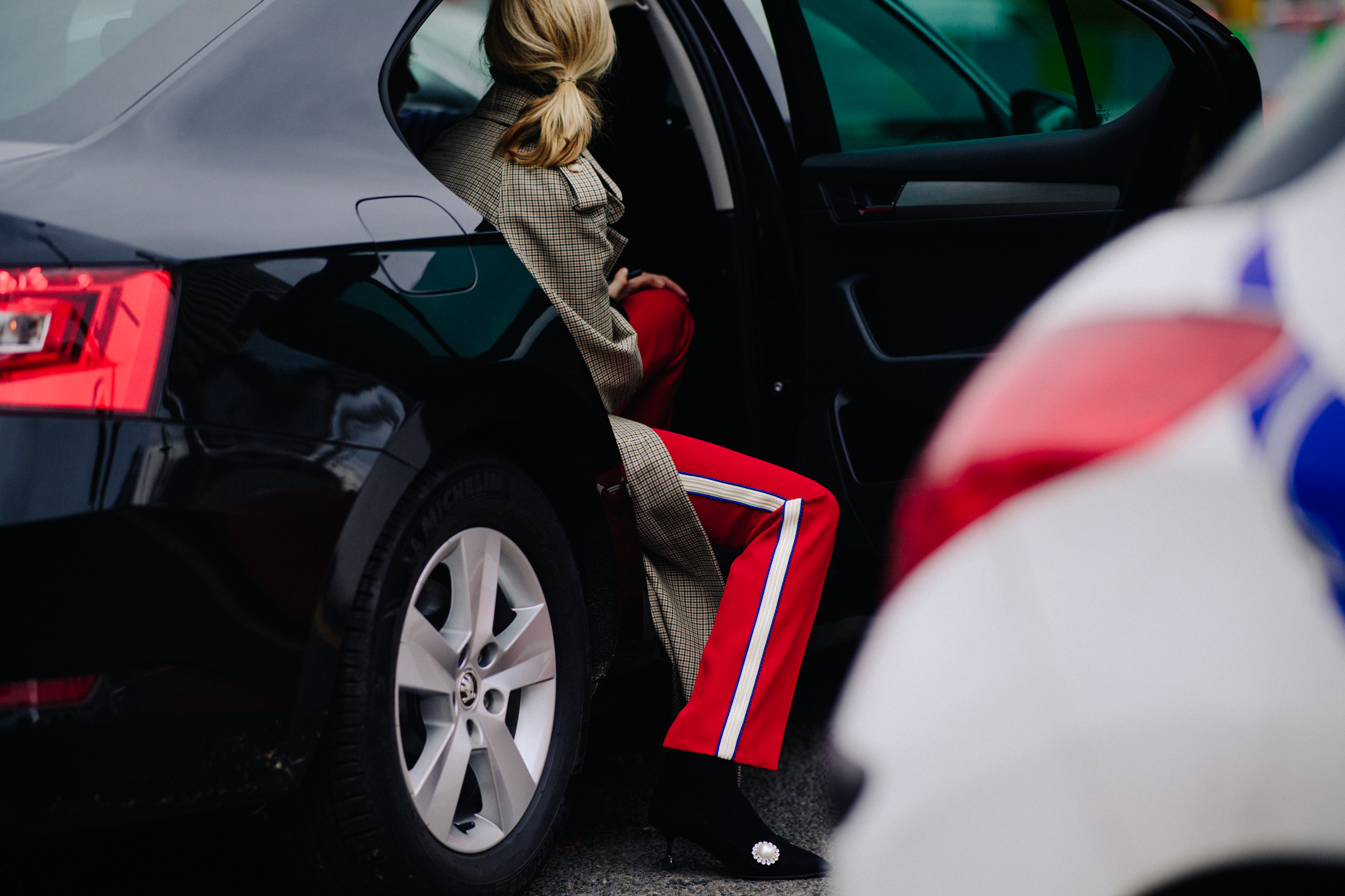 Woman wearing red pants