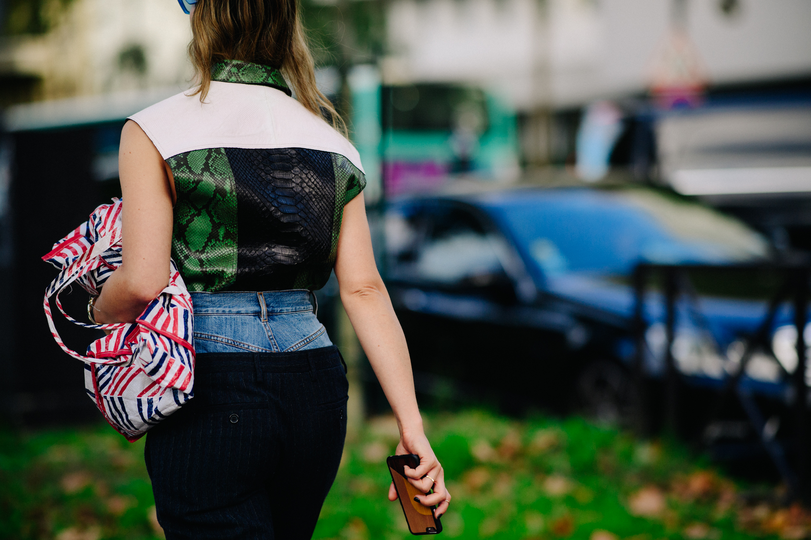 Blogger wearing snakeskin top