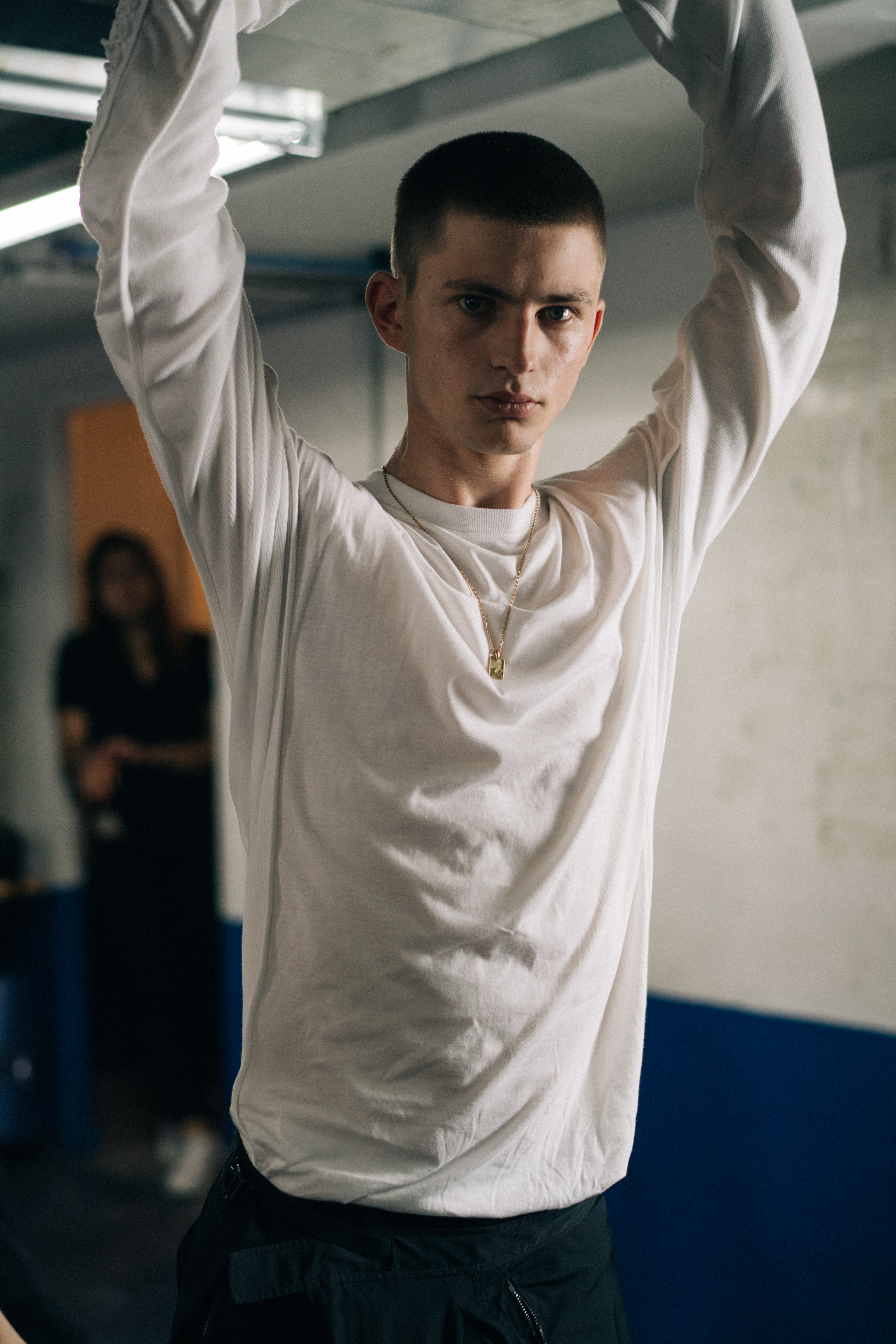 Model in white tee shirt