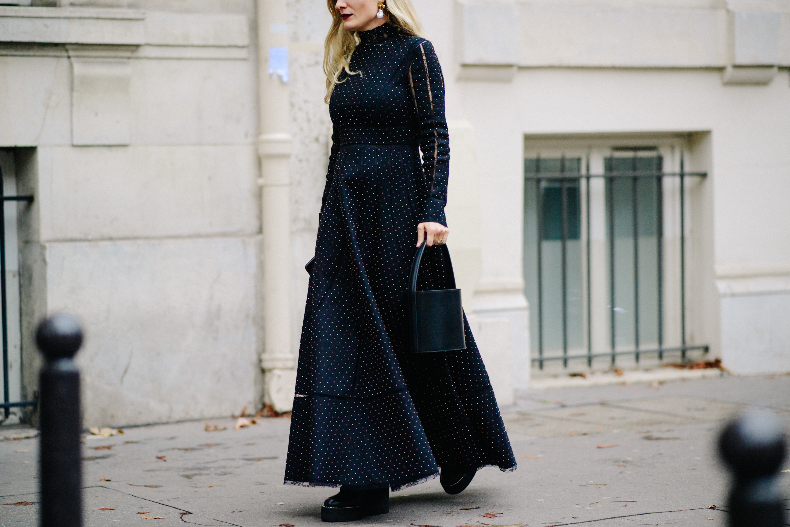 Woman wearing long blue dress