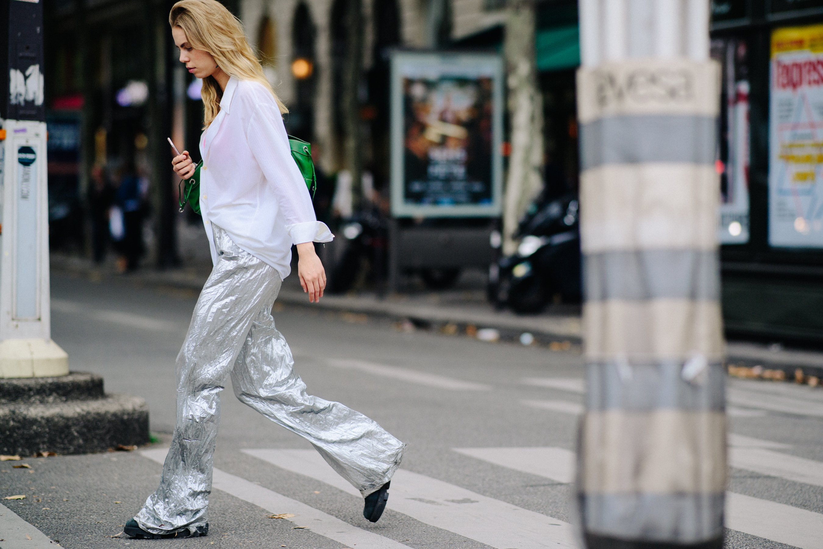 Woman wearing silver pants