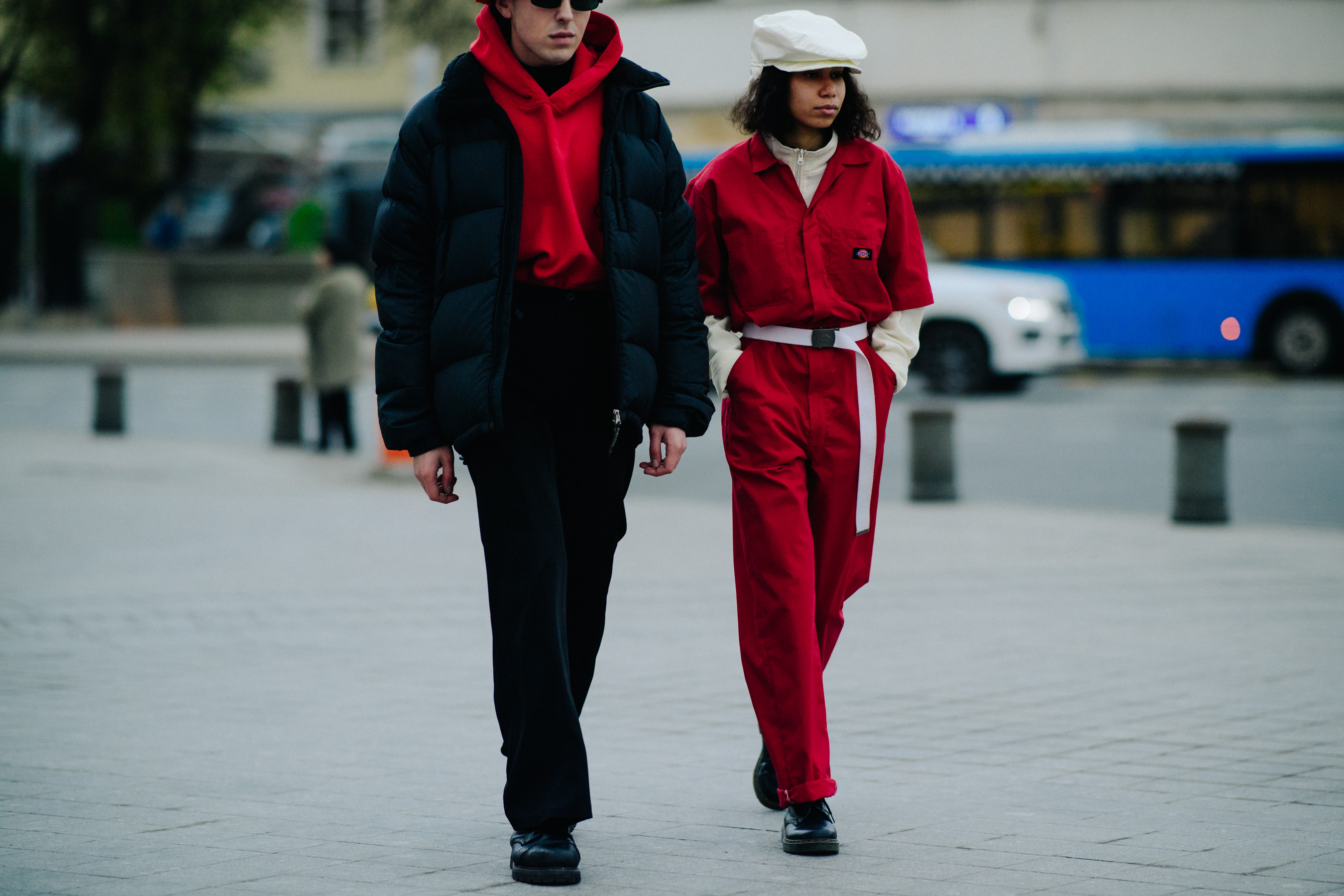 Couple wearing red outfits