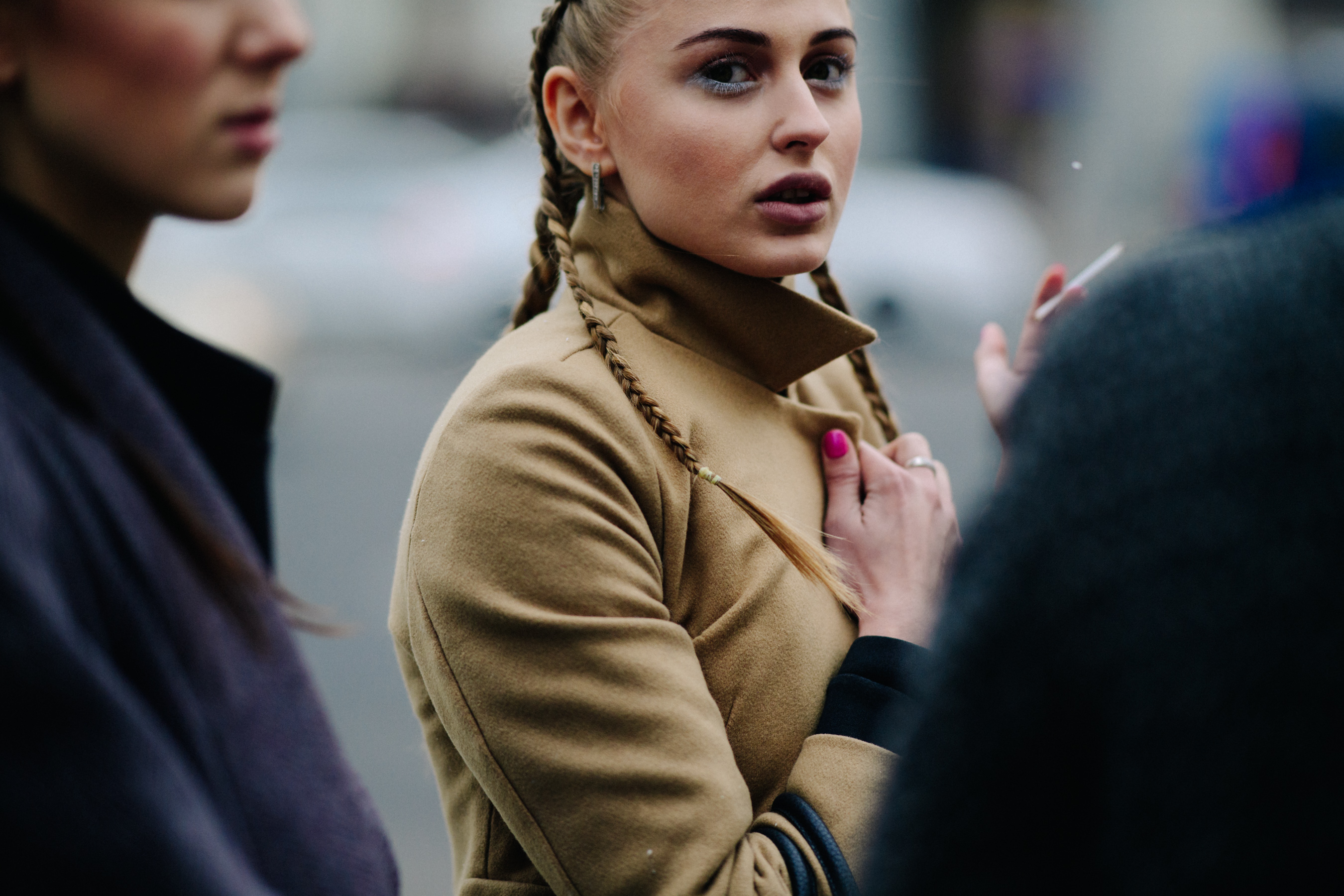 Woman in camel wool coat