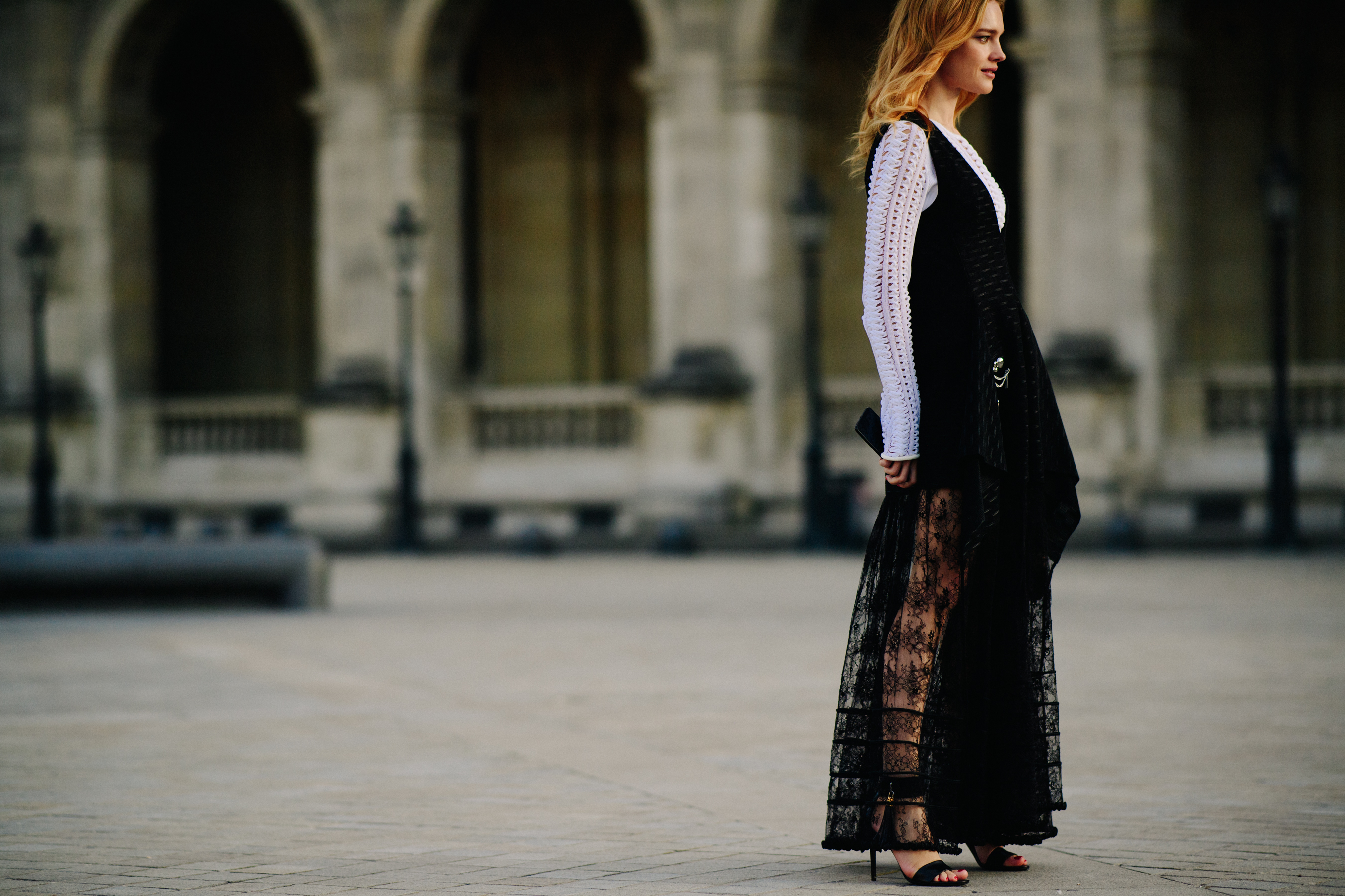 Russian model wearing long black dress