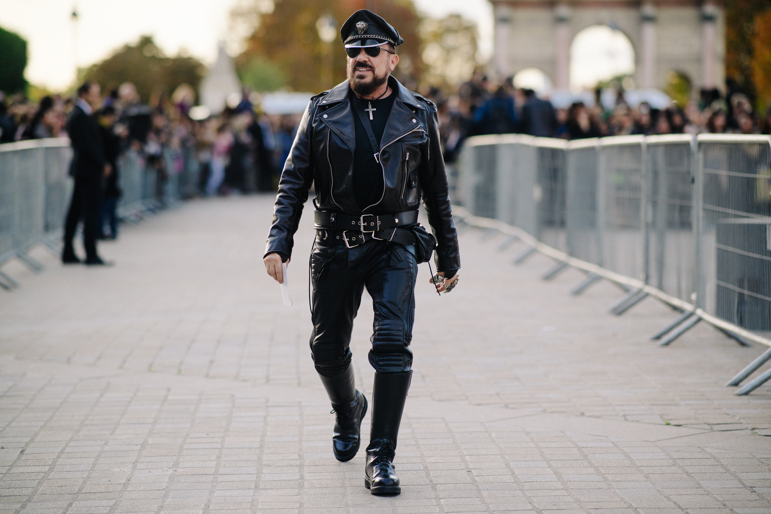 Designer wearing leather outfit