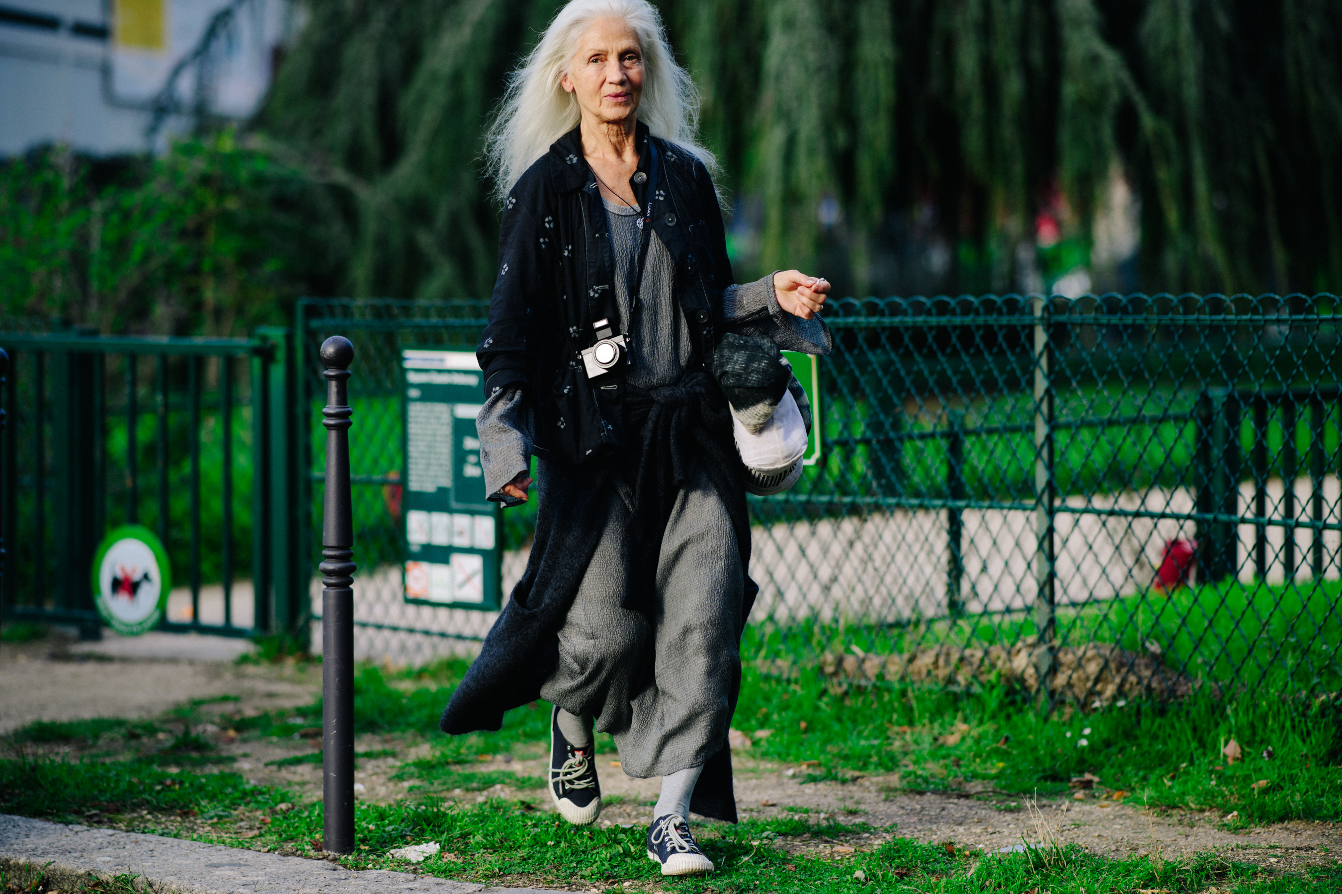 Woman with long gray hair