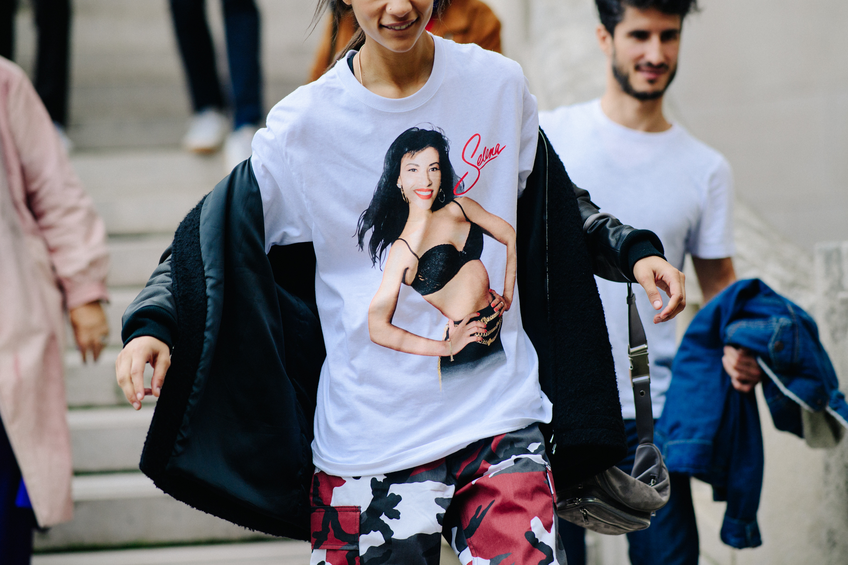 Woman wearing white t-shirt with print