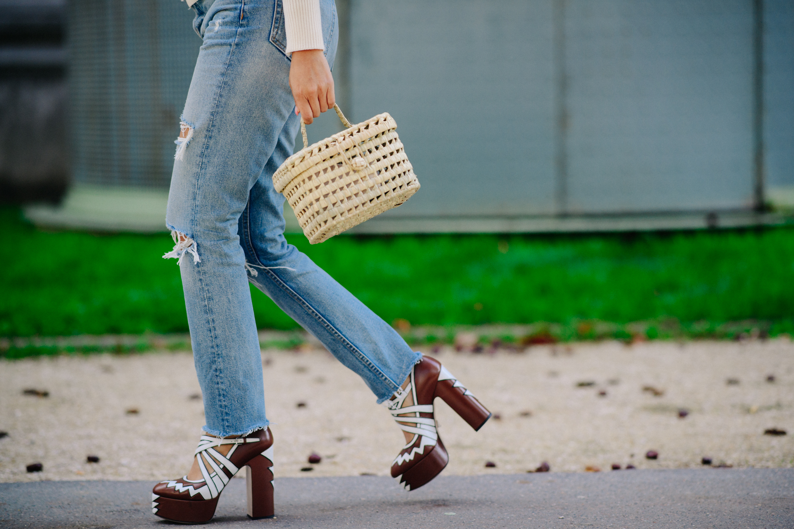 Woman wearing jeans and brown shoes