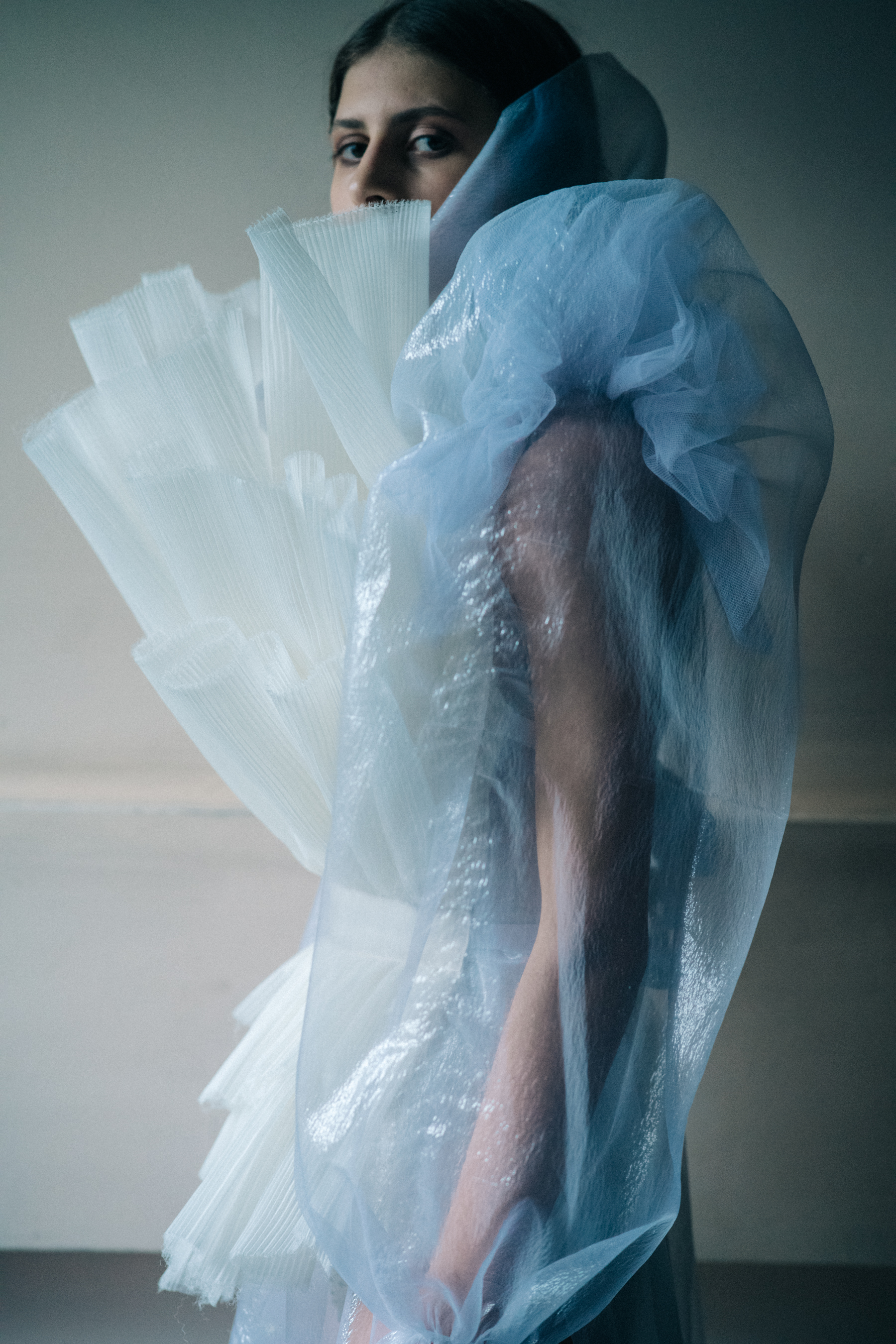 Model Beatrice Klimenko wearing white dress