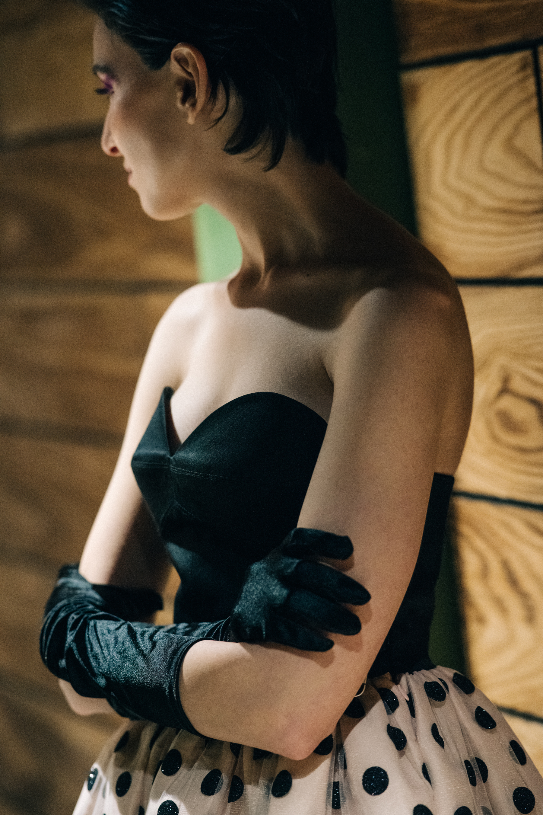 Model wearing black and white outfit