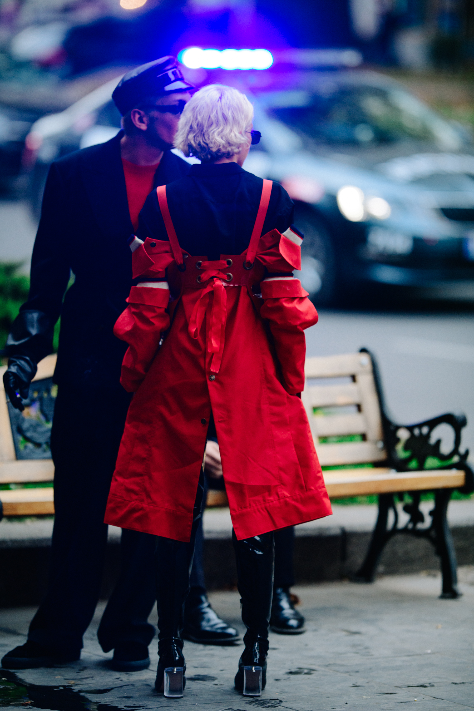 Couple wearing black and red outfits