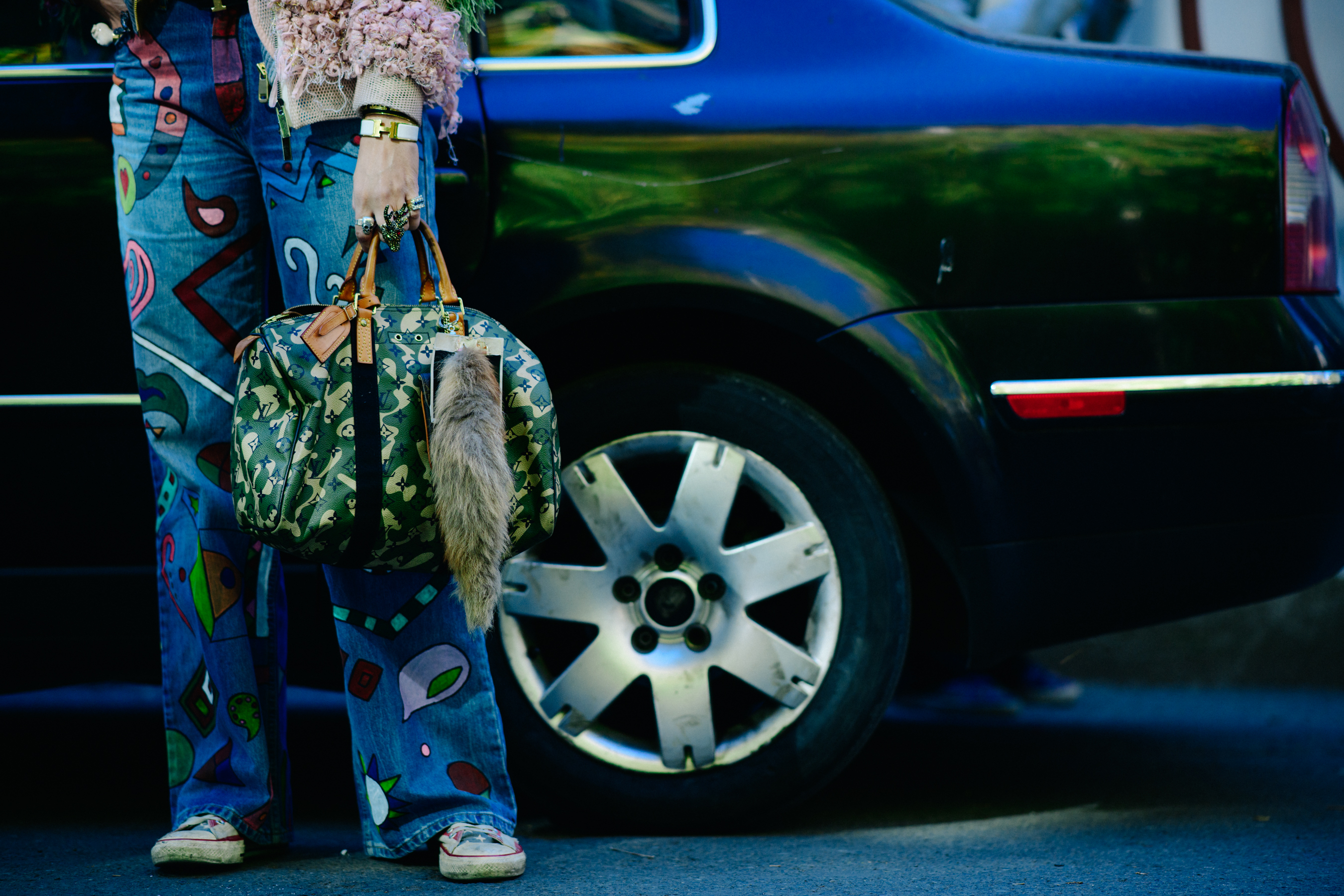 Woman wearing printed denim jeans