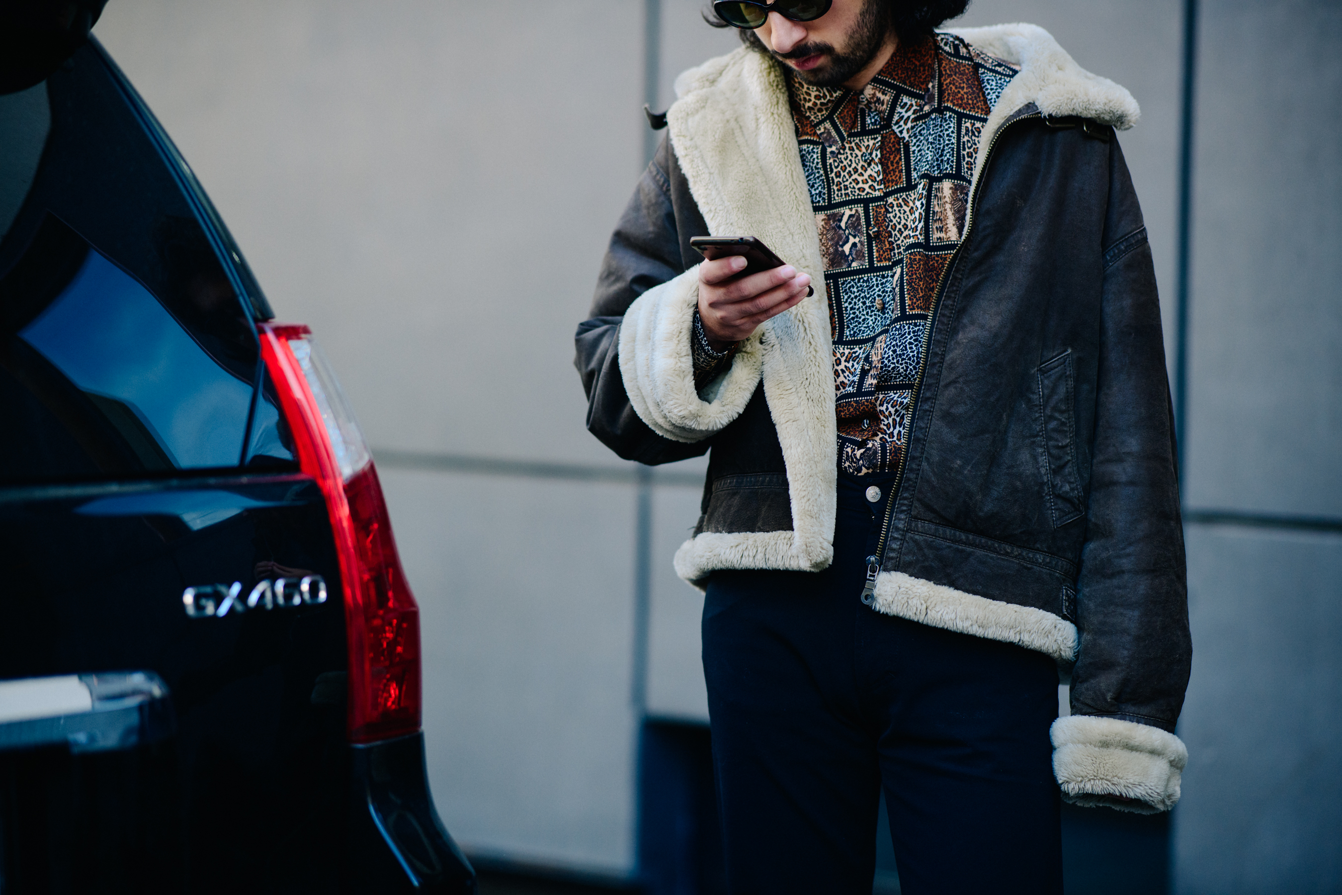 Man wearing shearling jacket