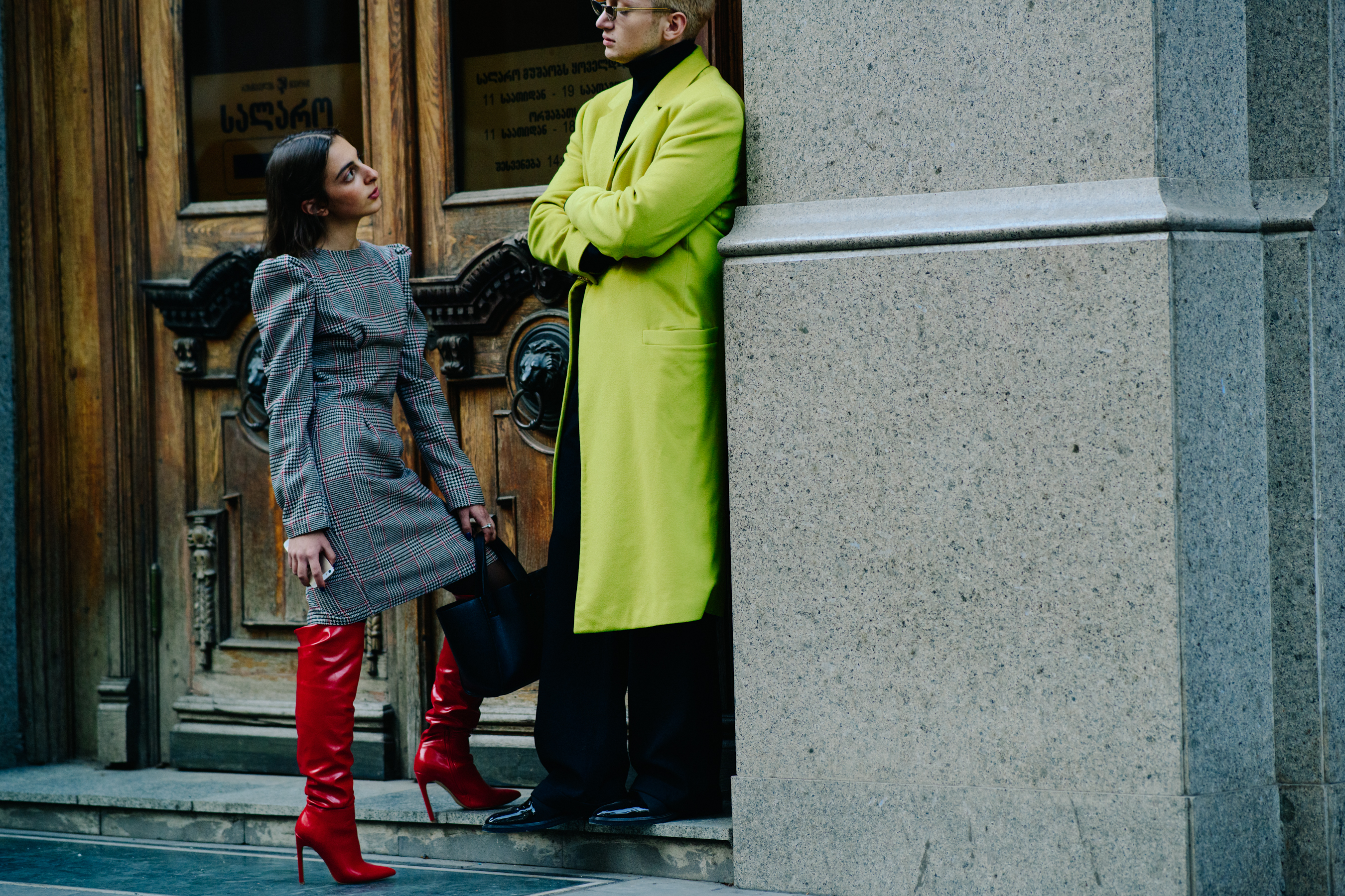Couple wearing grey and green