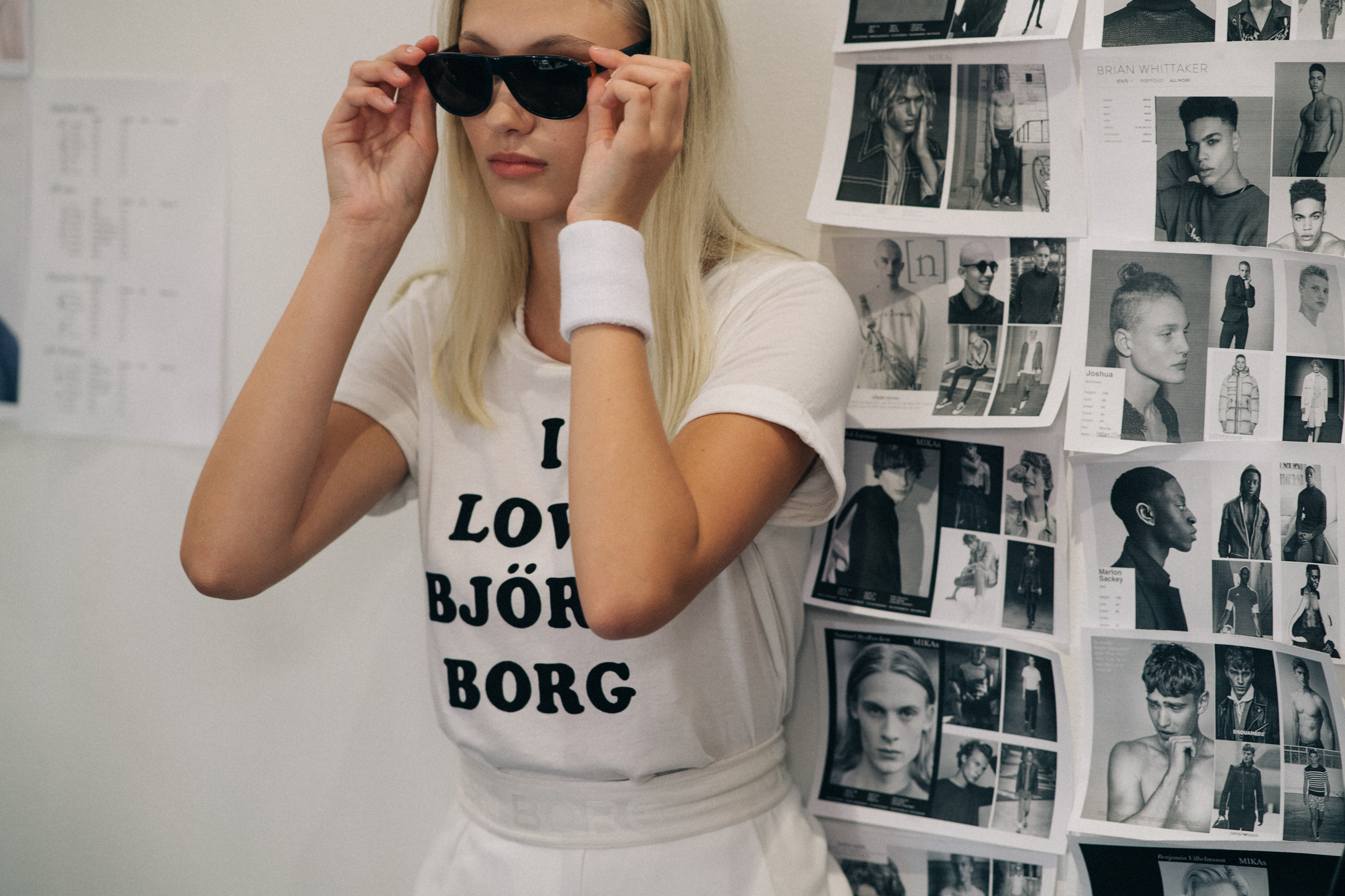 Model wearing statement t-shirt
