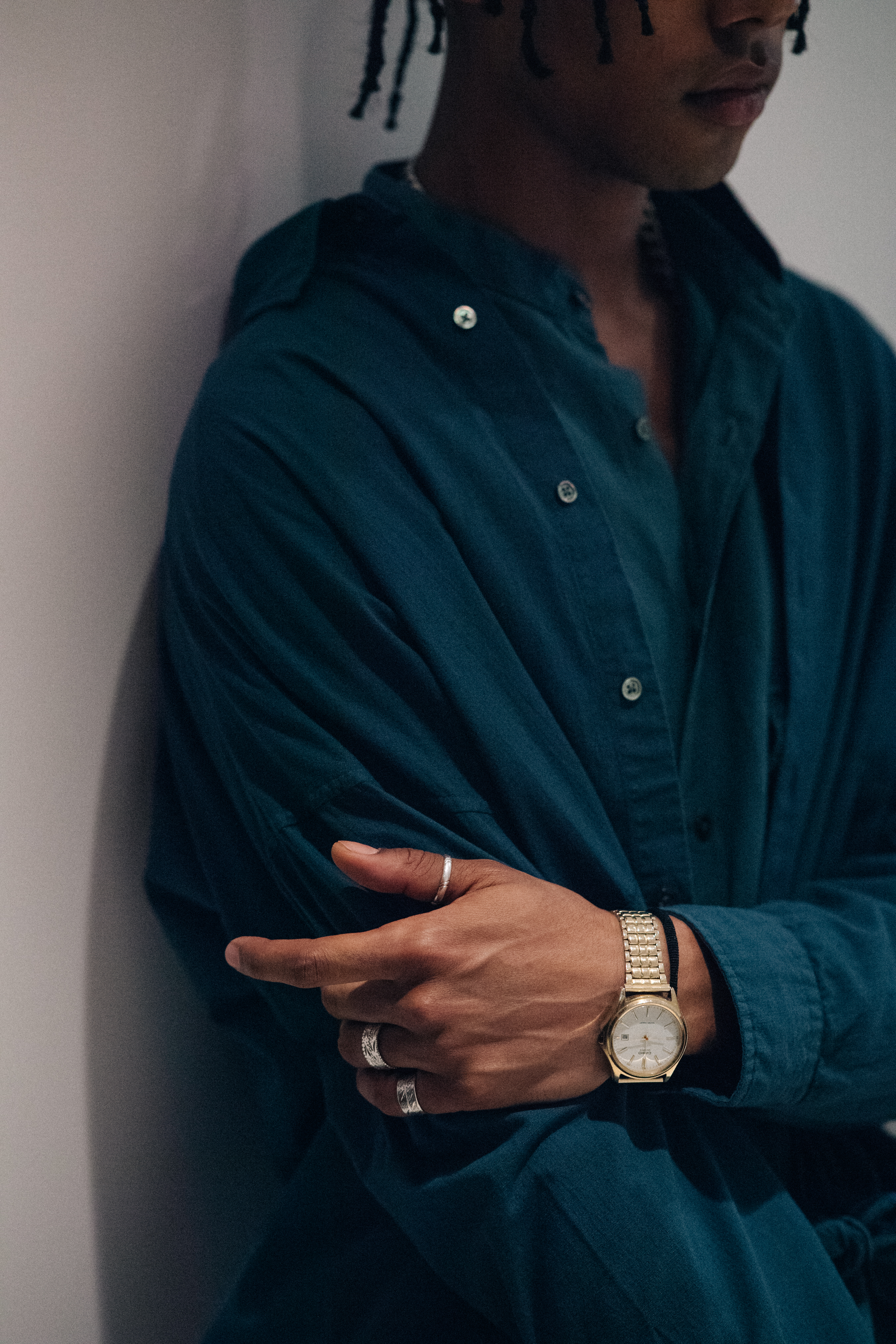 Male model wearing blue outfit