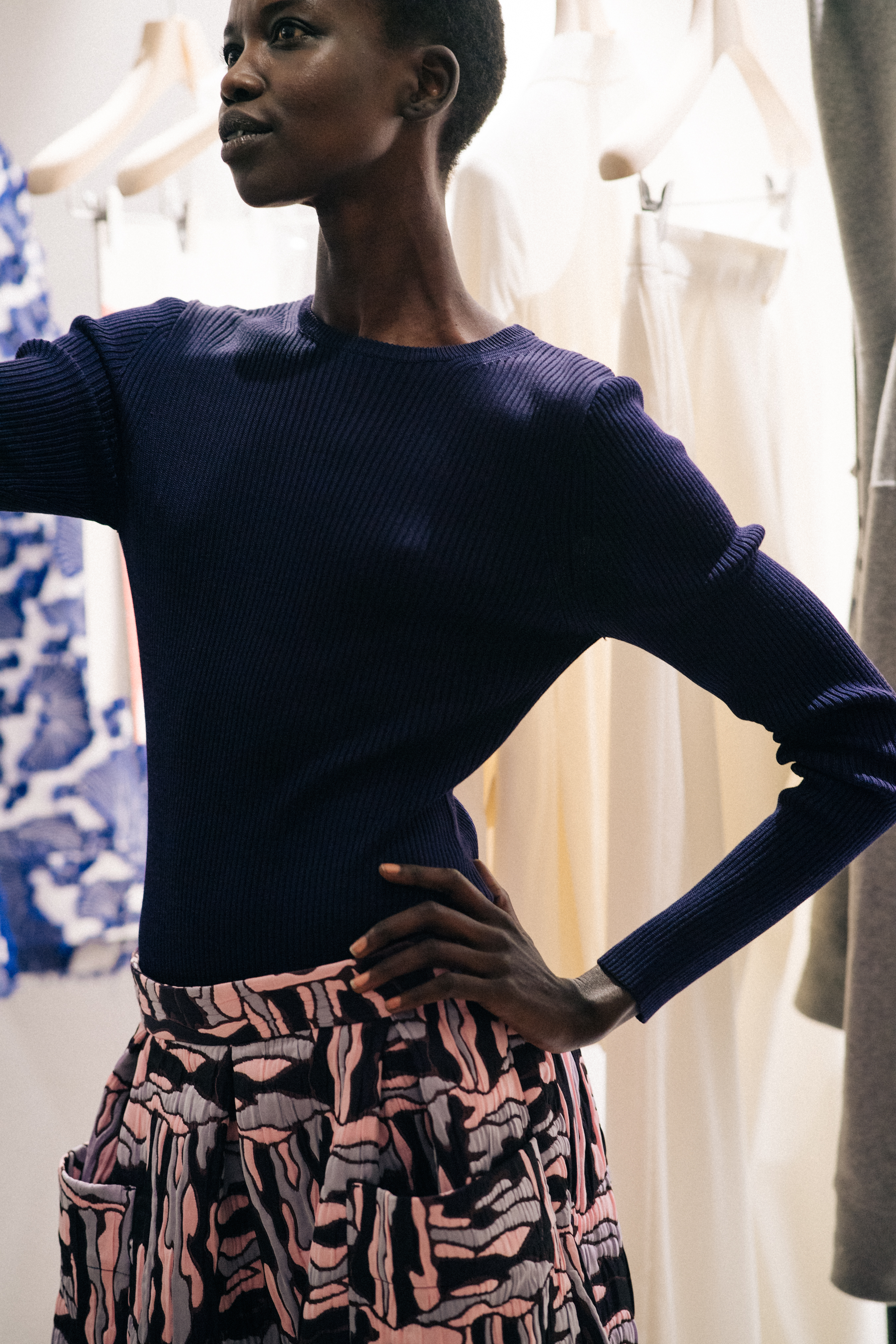 Model wearig blue sweater