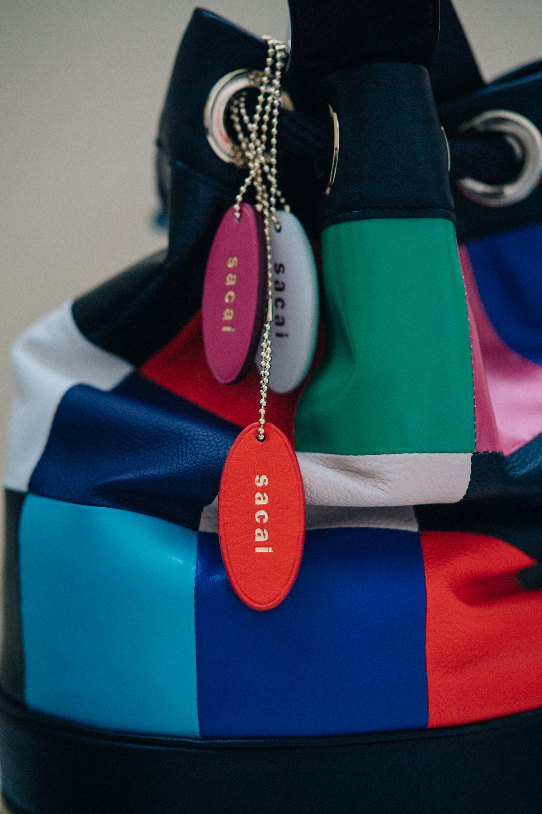 Colourful leather bags before a show