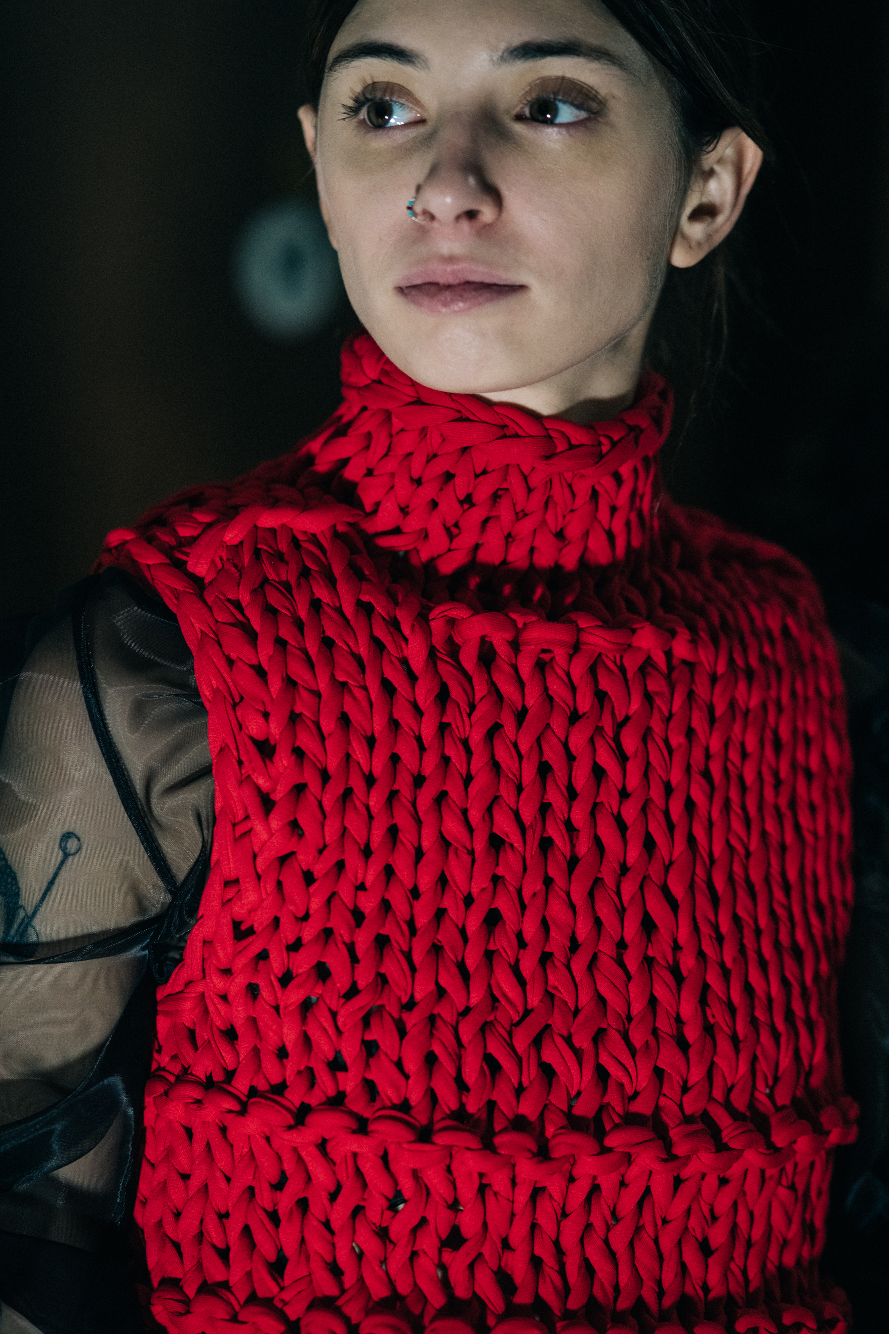 Model wearing red before the show