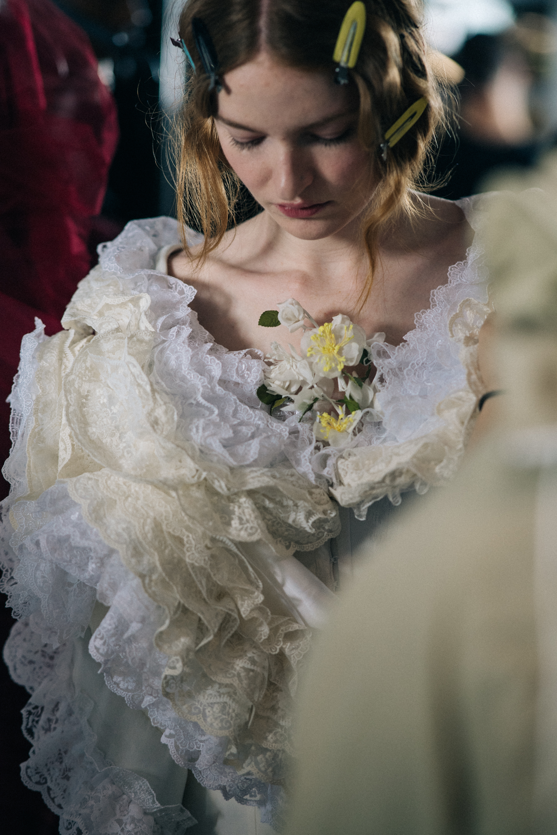 Model wearing ruffled dress