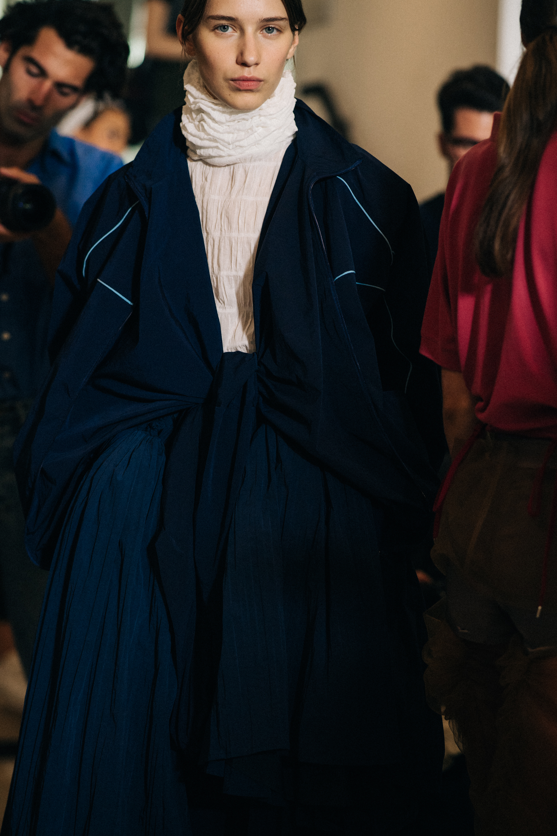 Russian model wearing blue outfit