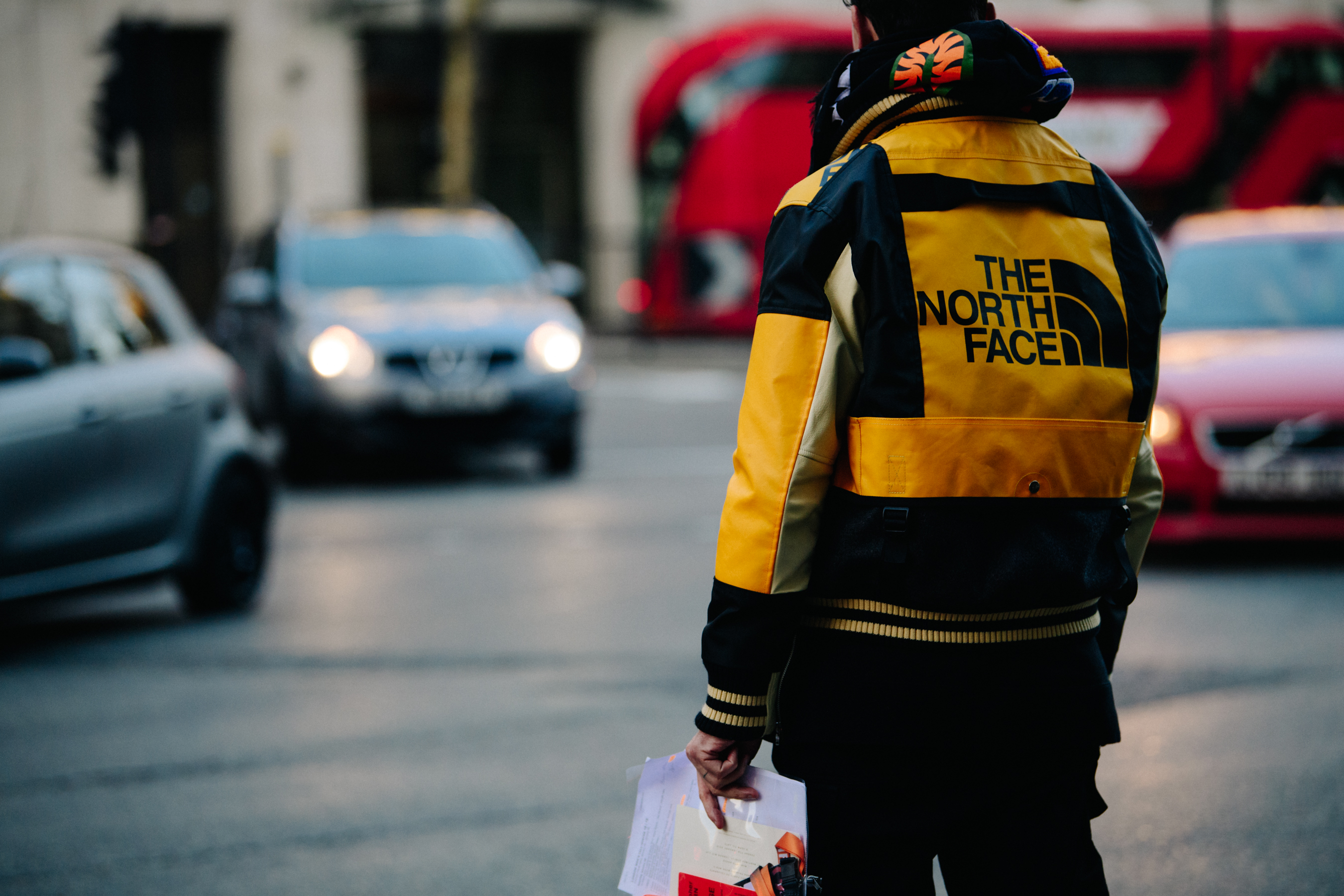 Man wearing The North Face x Junya jacket