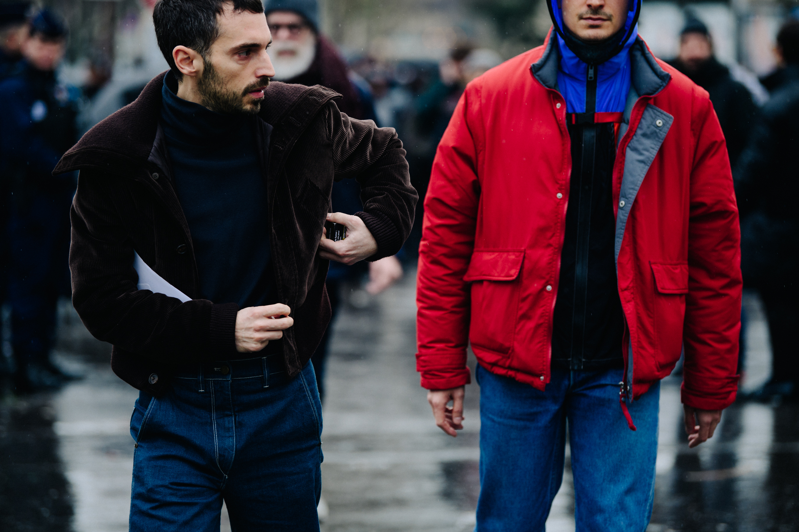 Two men wearing denim jeans