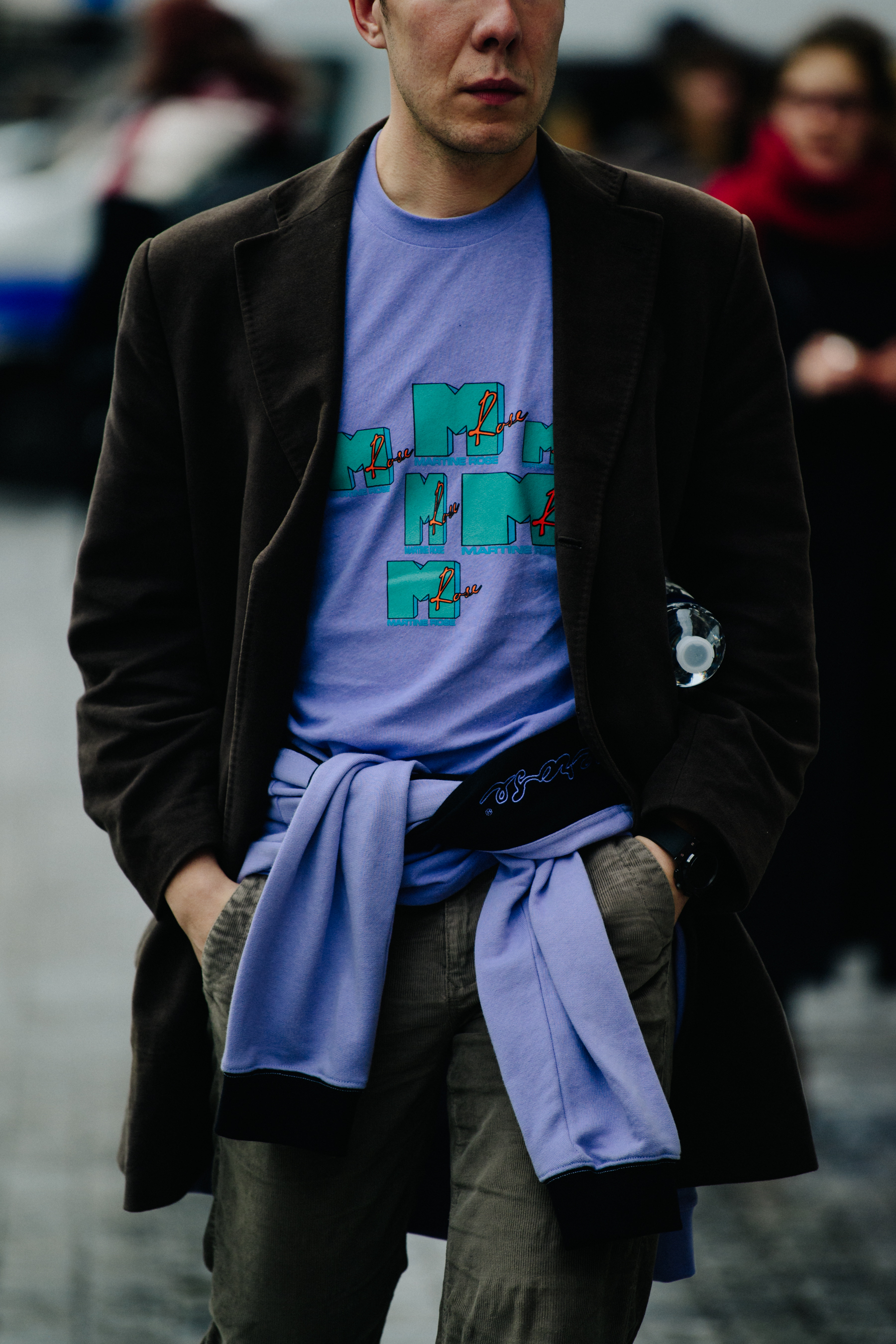 Man wearing purple tee shirt