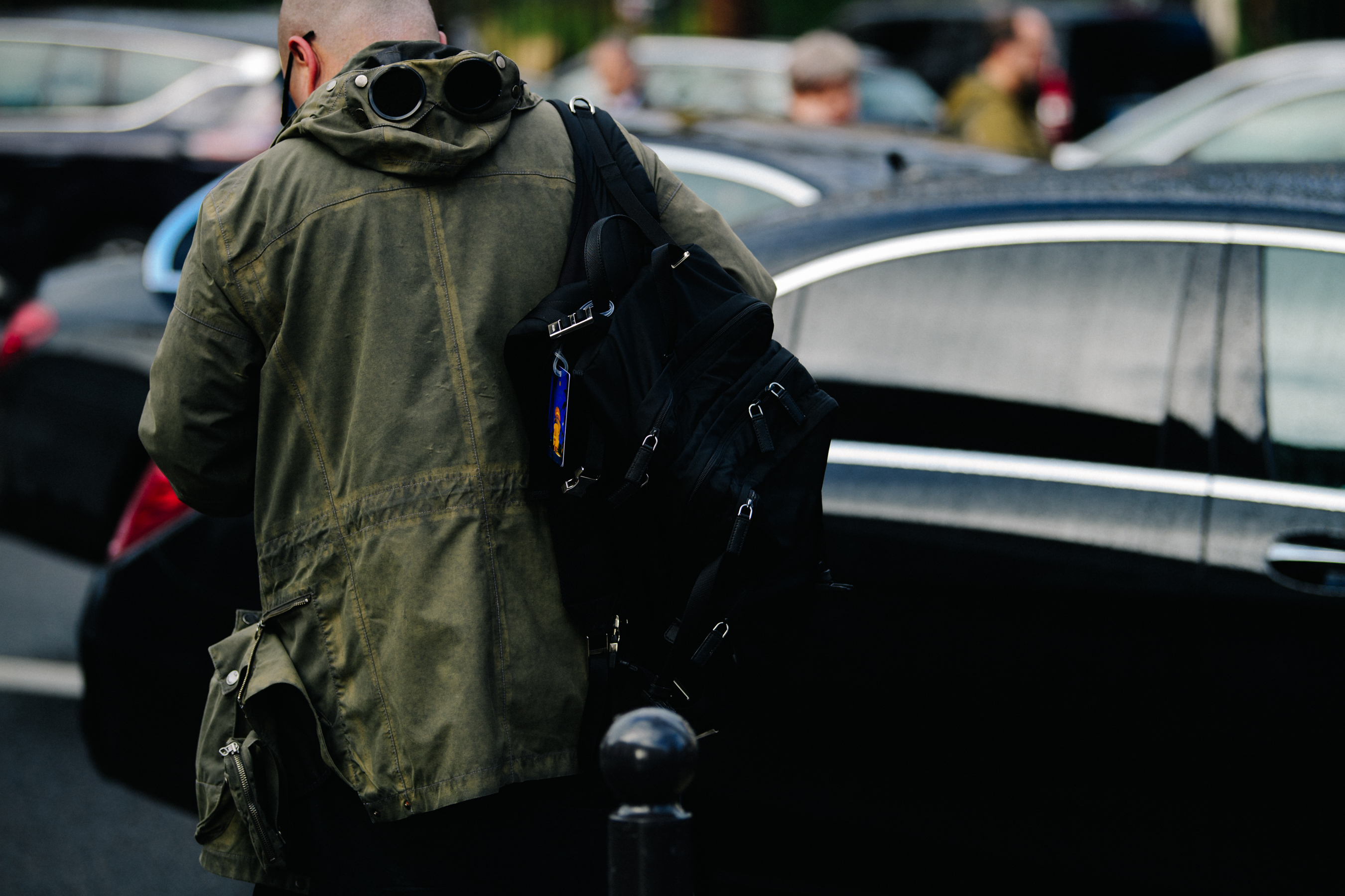 Man wearing goggled jacket