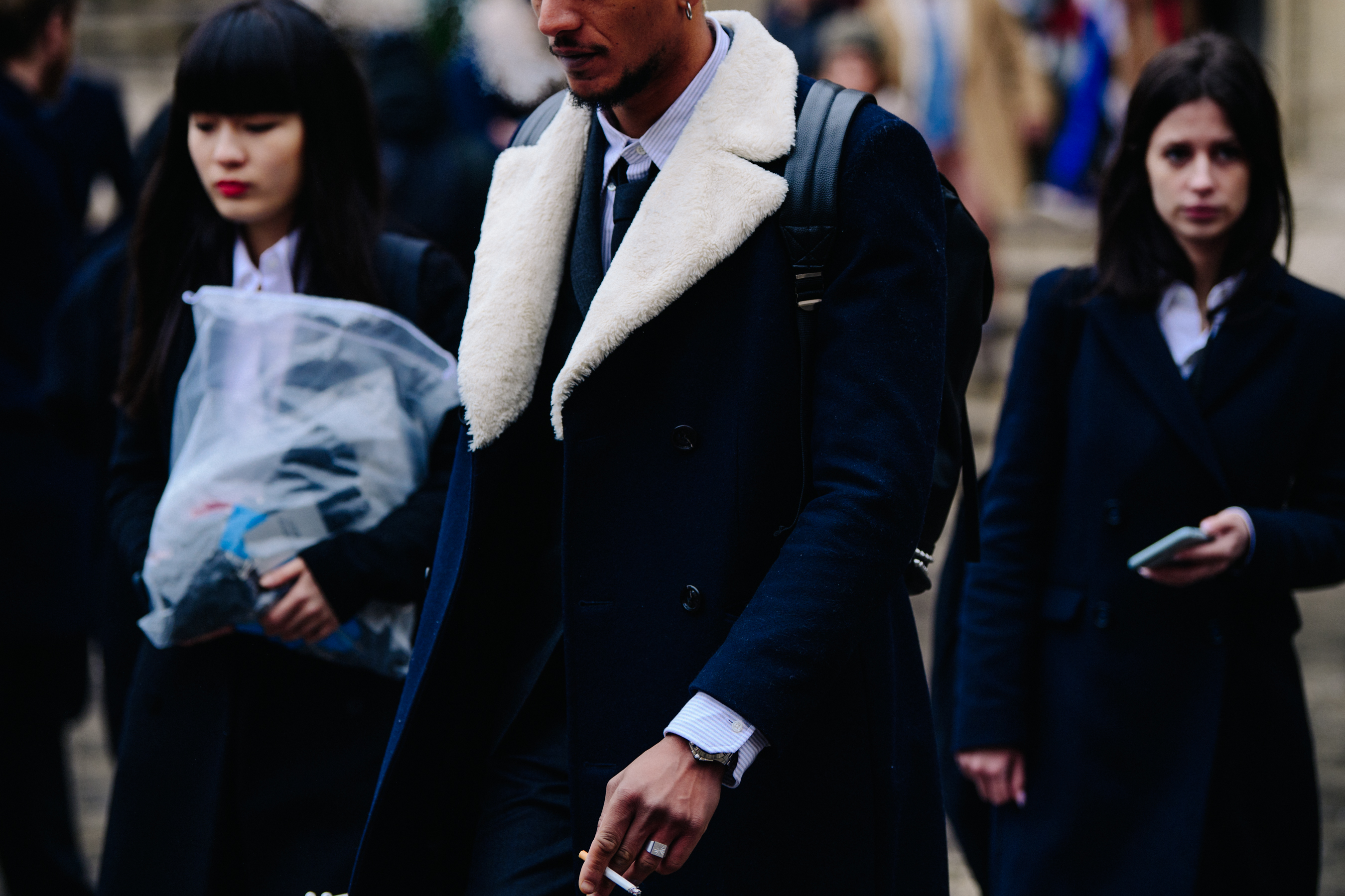 Man wearing shearling collar coat