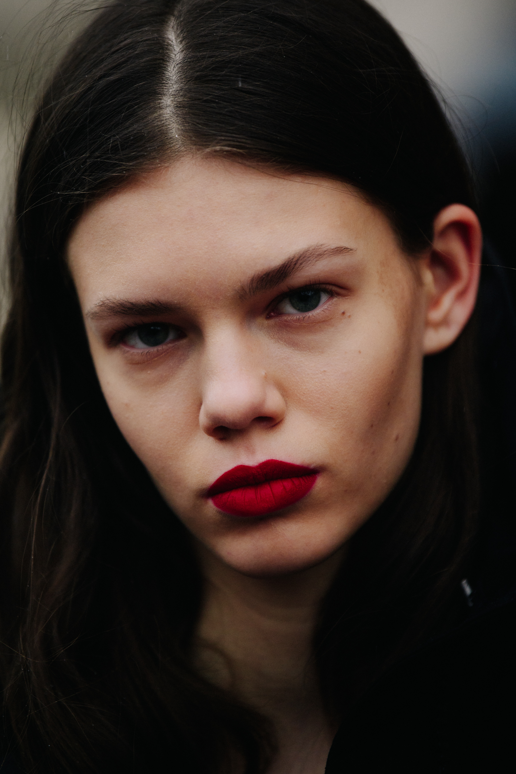 Portrait of model wearing red lipstick