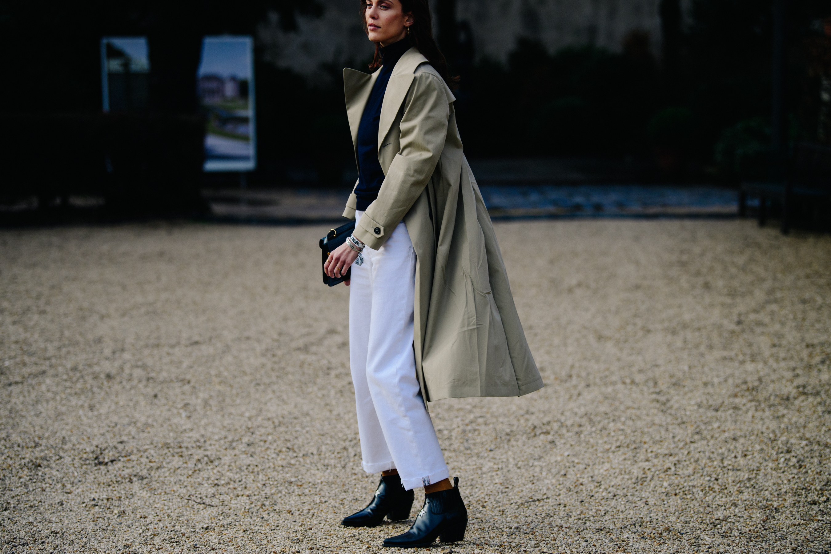 French model wearing tan coat