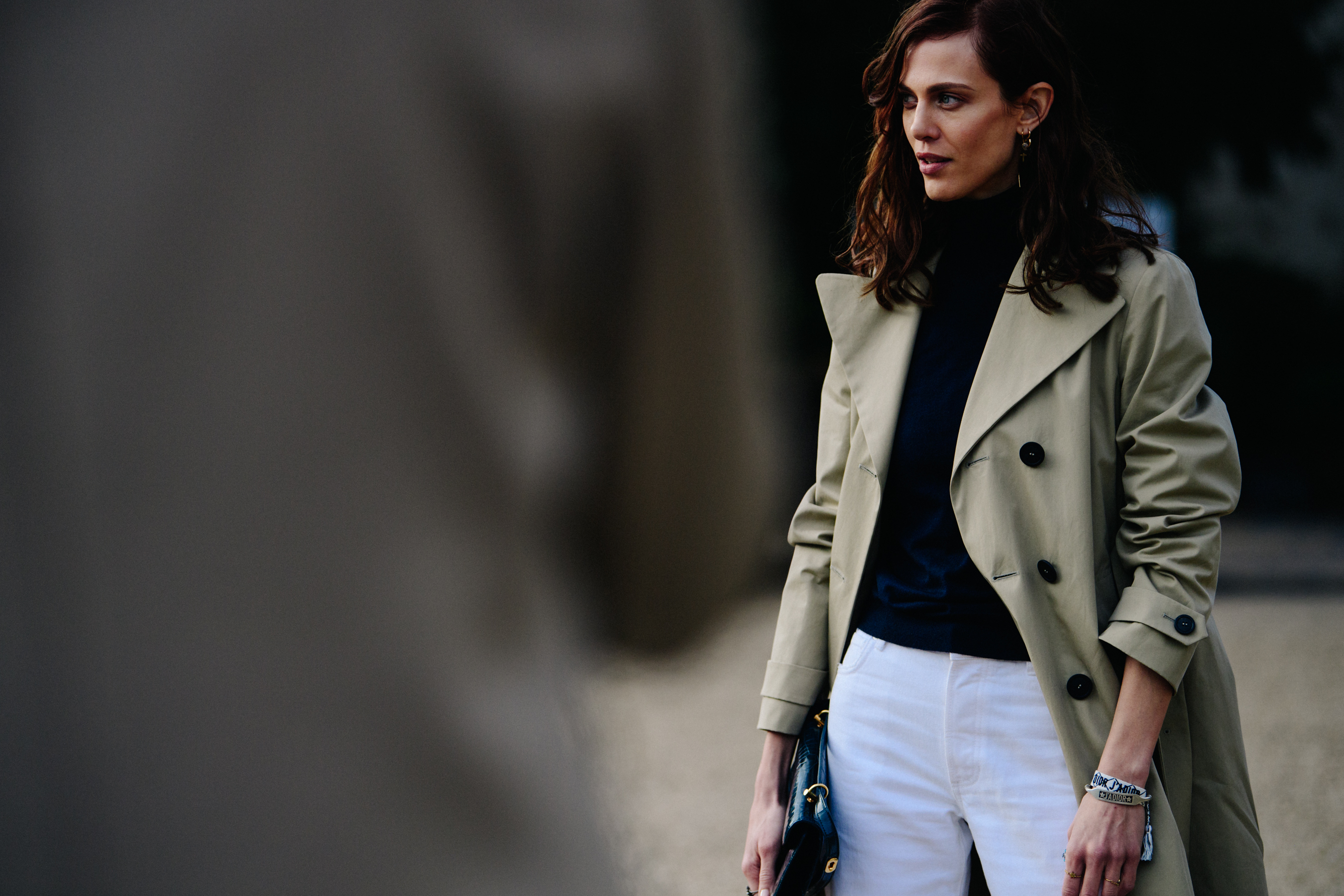 French model wearing tan coat