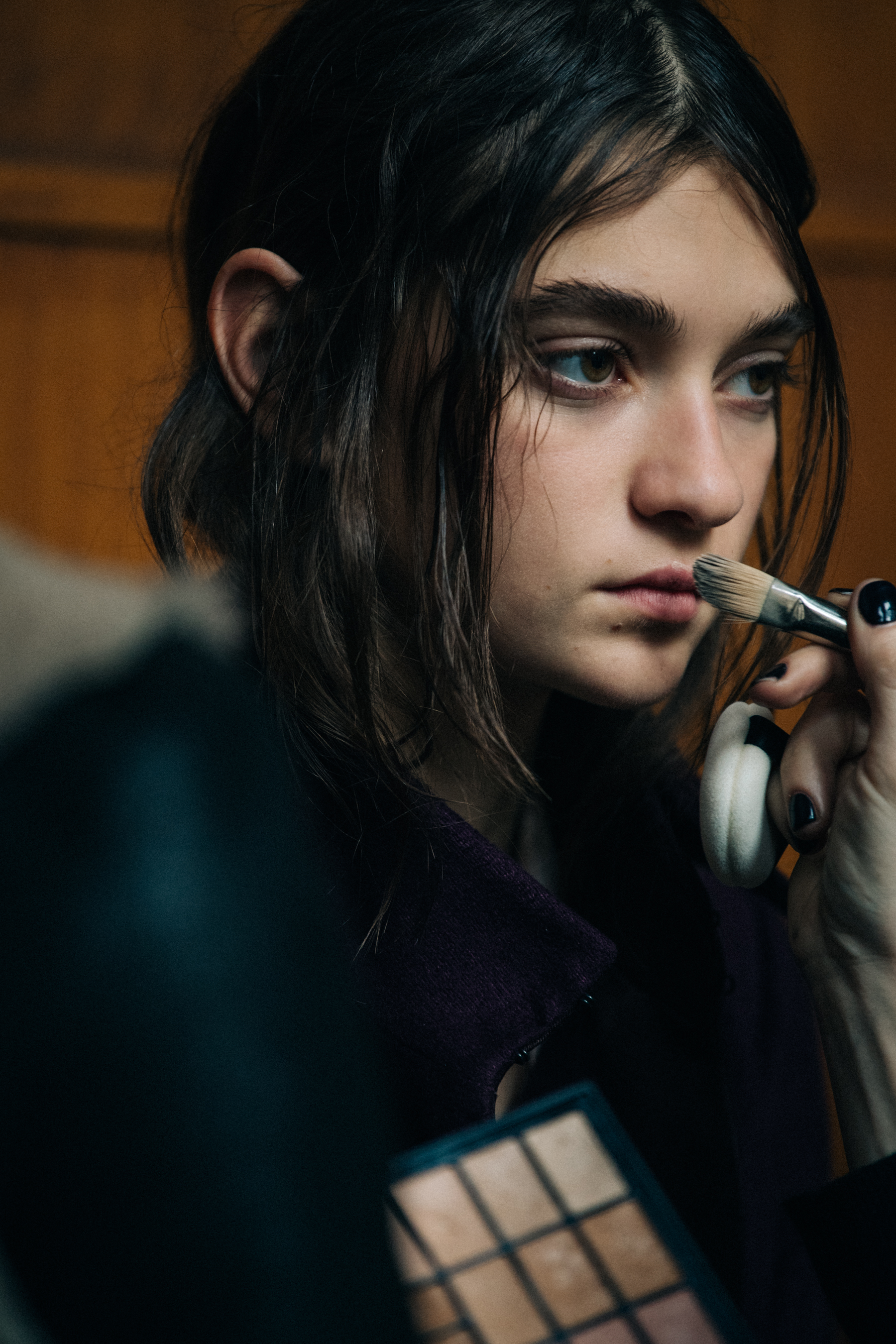 Model Julia Ratner backstage at Ann Demeulemeester