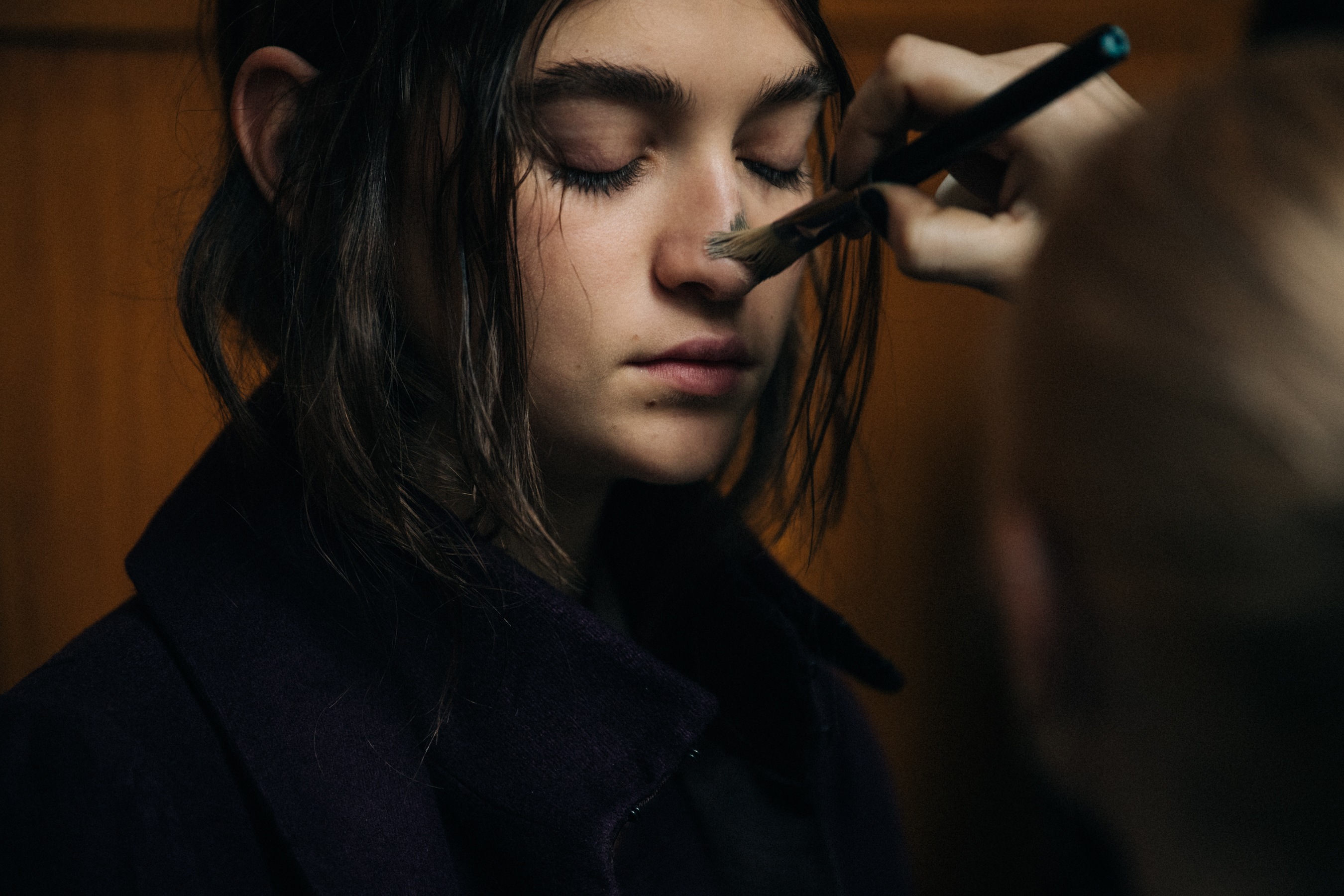 Model Julia Ratner backstage at Ann Demeulemeester