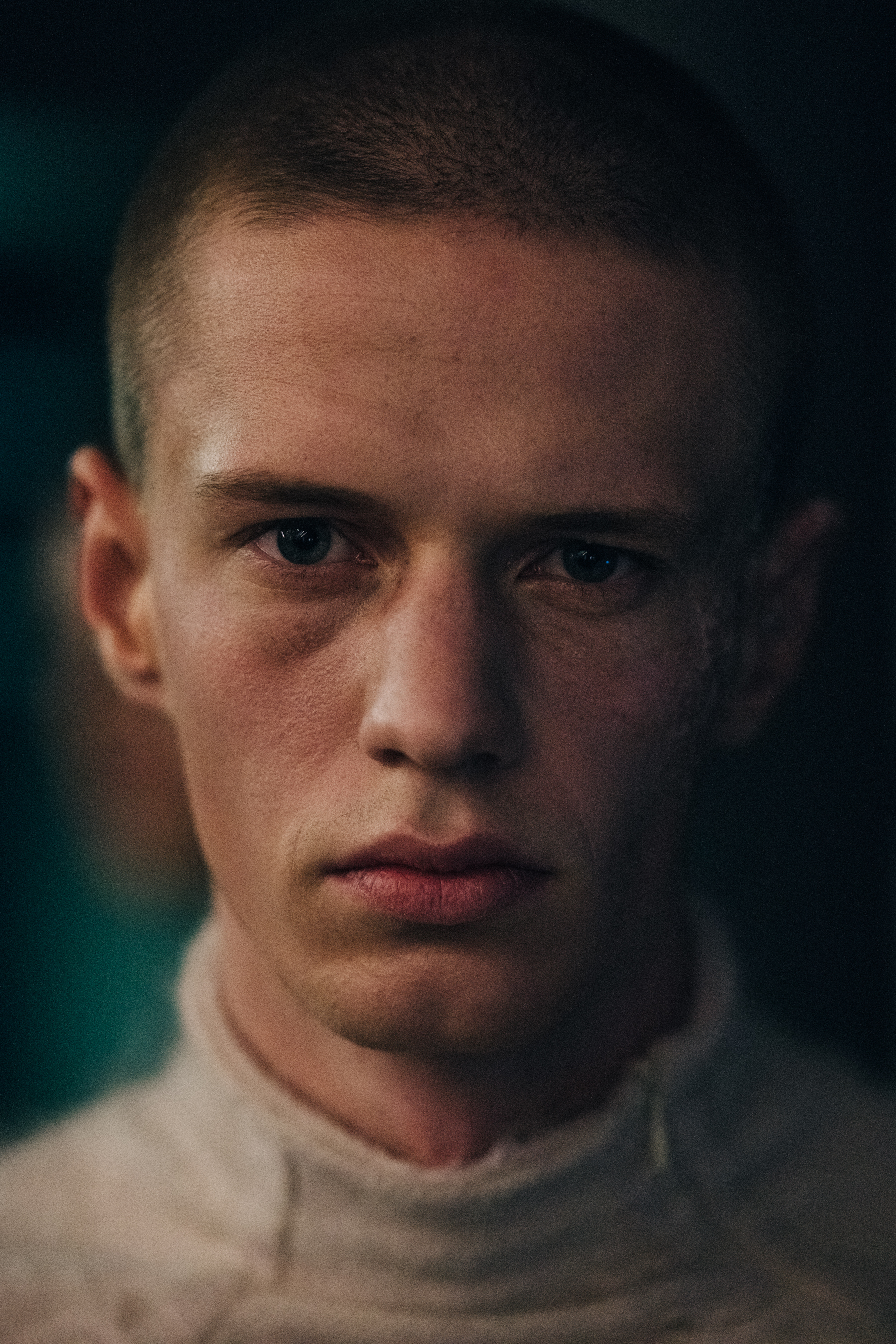 Portrait of model with blue eyes backstage