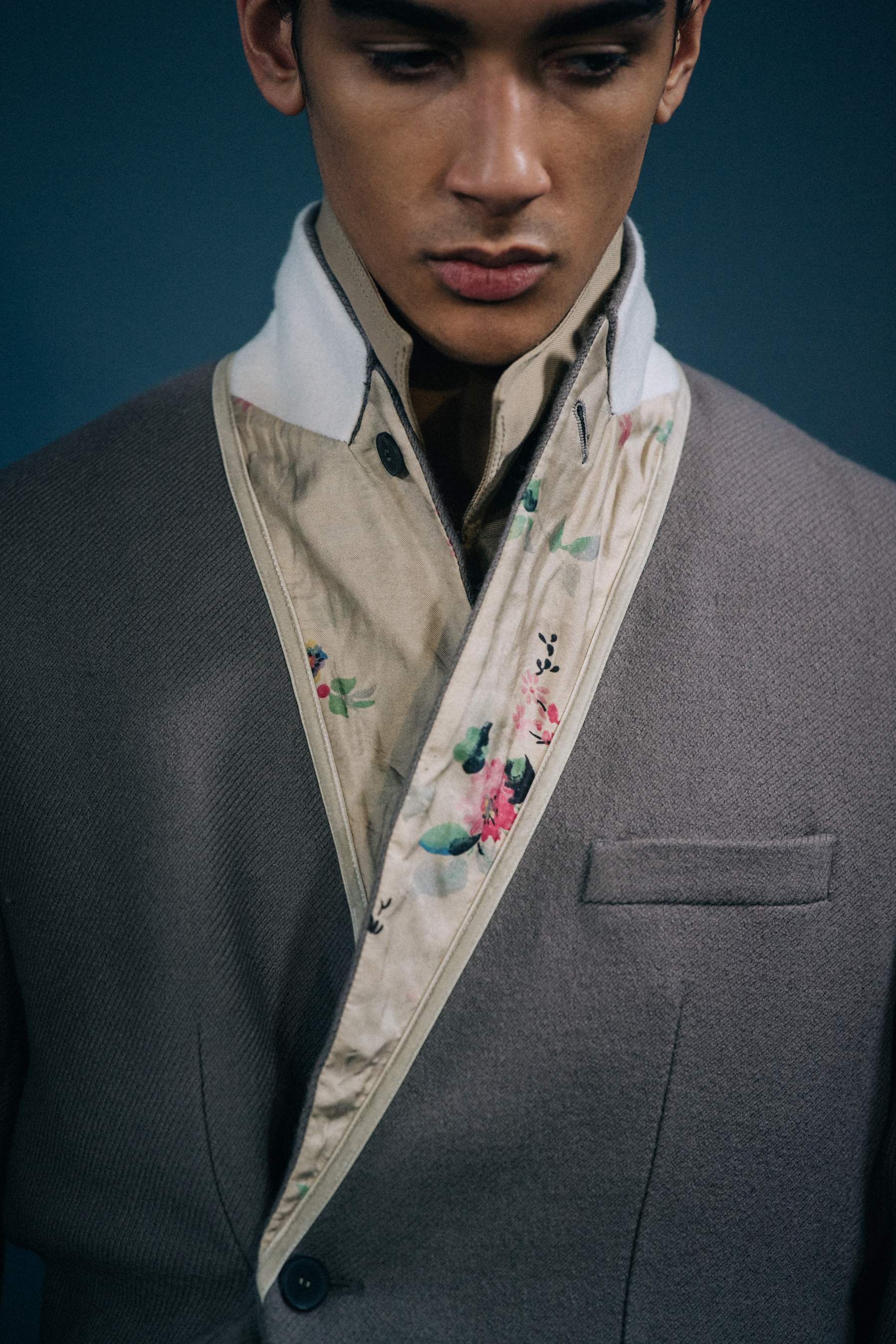 Model wearing floral collar jacket